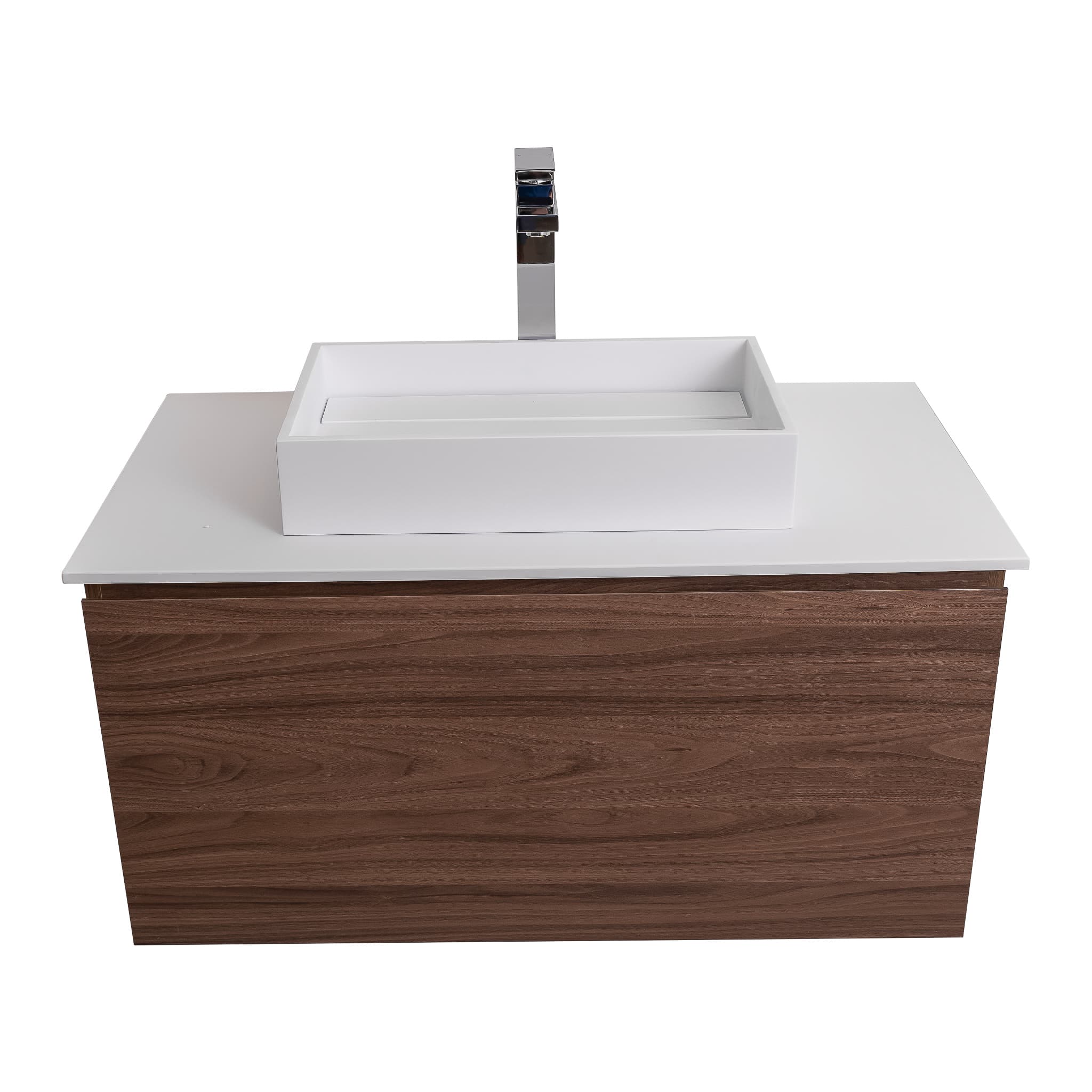 Venice 31.5 Walnut Wood Texture Cabinet, Solid Surface Flat White Counter And Infinity Square Solid Surface White Basin 1329, Wall Mounted Modern Vanity Set