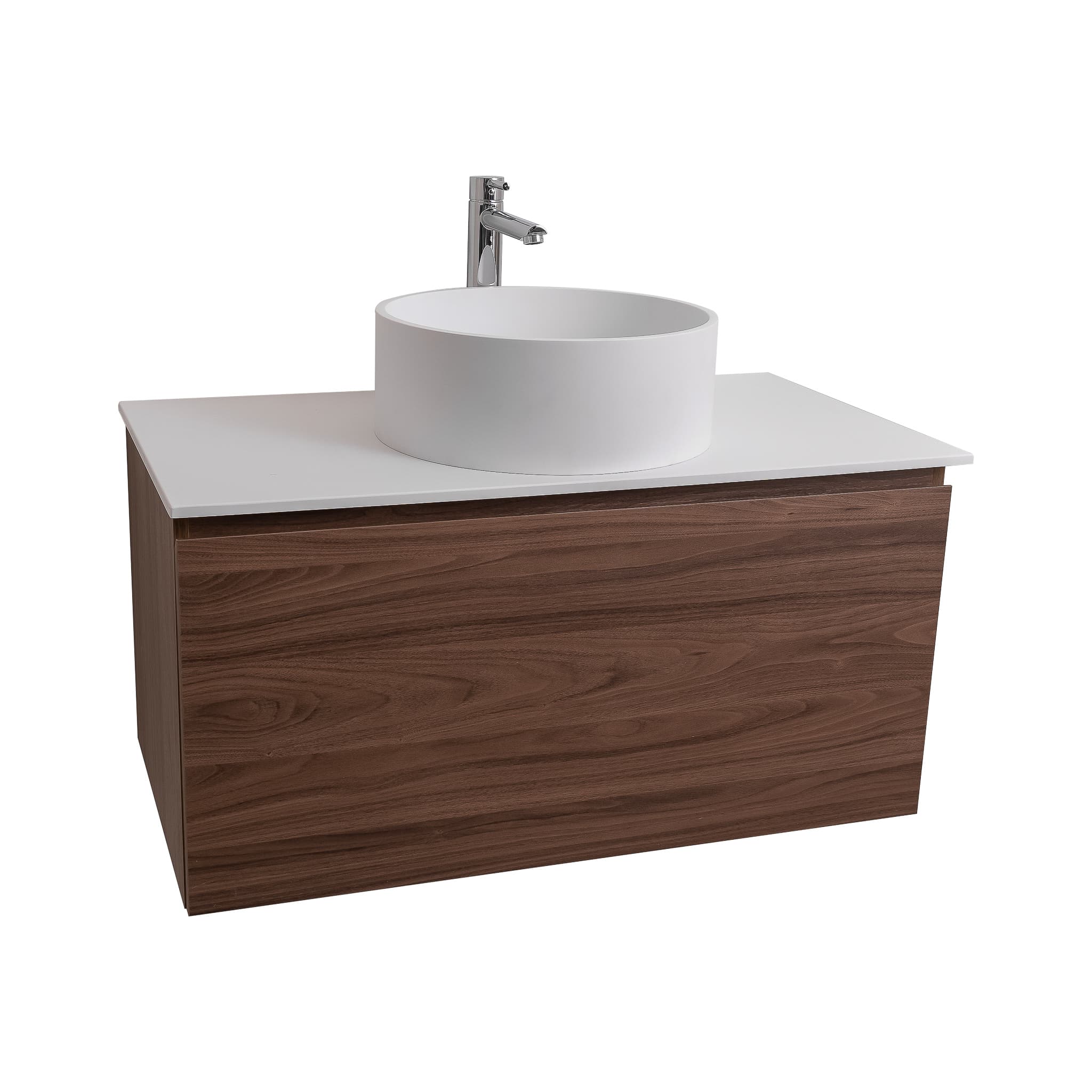 Venice 31.5 Walnut Wood Texture Cabinet, Solid Surface Flat White Counter And Round Solid Surface White Basin 1386, Wall Mounted Modern Vanity Set