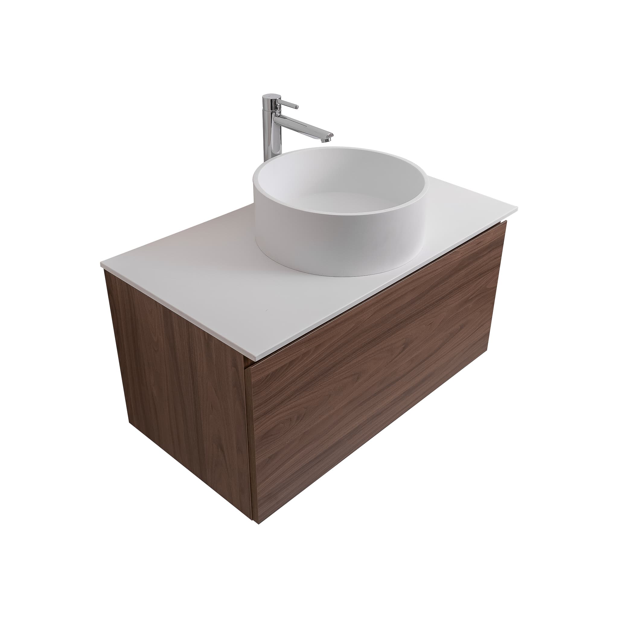 Venice 31.5 Walnut Wood Texture Cabinet, Solid Surface Flat White Counter And Round Solid Surface White Basin 1386, Wall Mounted Modern Vanity Set