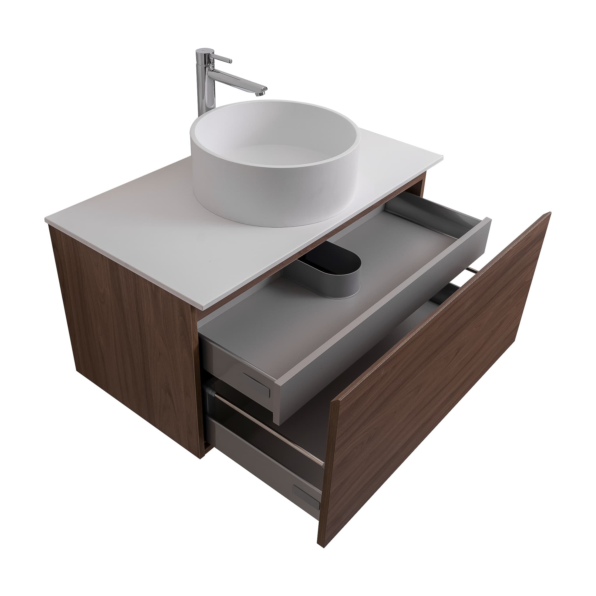 Venice 31.5 Walnut Wood Texture Cabinet, Solid Surface Flat White Counter And Round Solid Surface White Basin 1386, Wall Mounted Modern Vanity Set