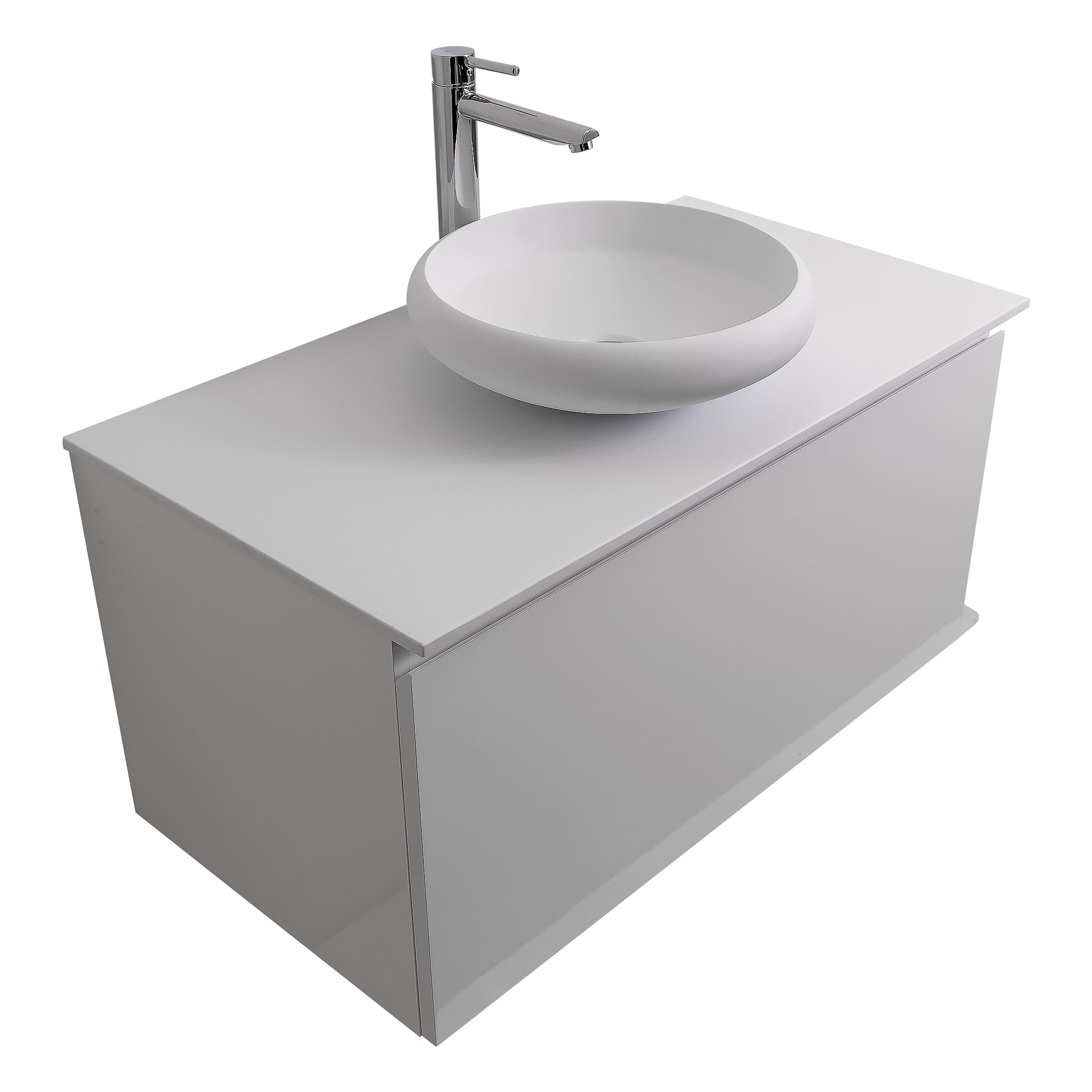 Venice 31.5 White High Gloss Cabinet, Solid Surface Flat White Counter And Round Solid Surface White Basin 1153, Wall Mounted Modern Vanity Set