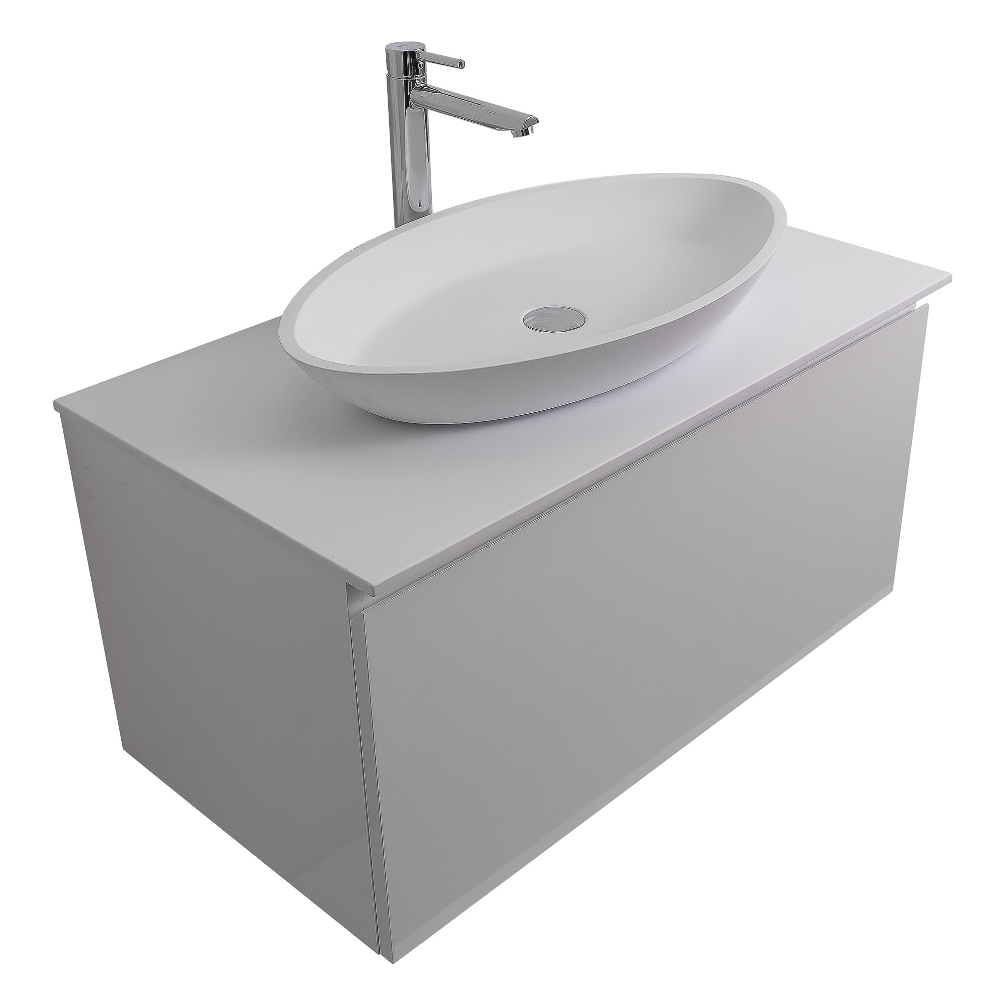 Venice 31.5 White High Gloss Cabinet, Solid Surface Flat White Counter And Oval Solid Surface White Basin 1305, Wall Mounted Modern Vanity Set