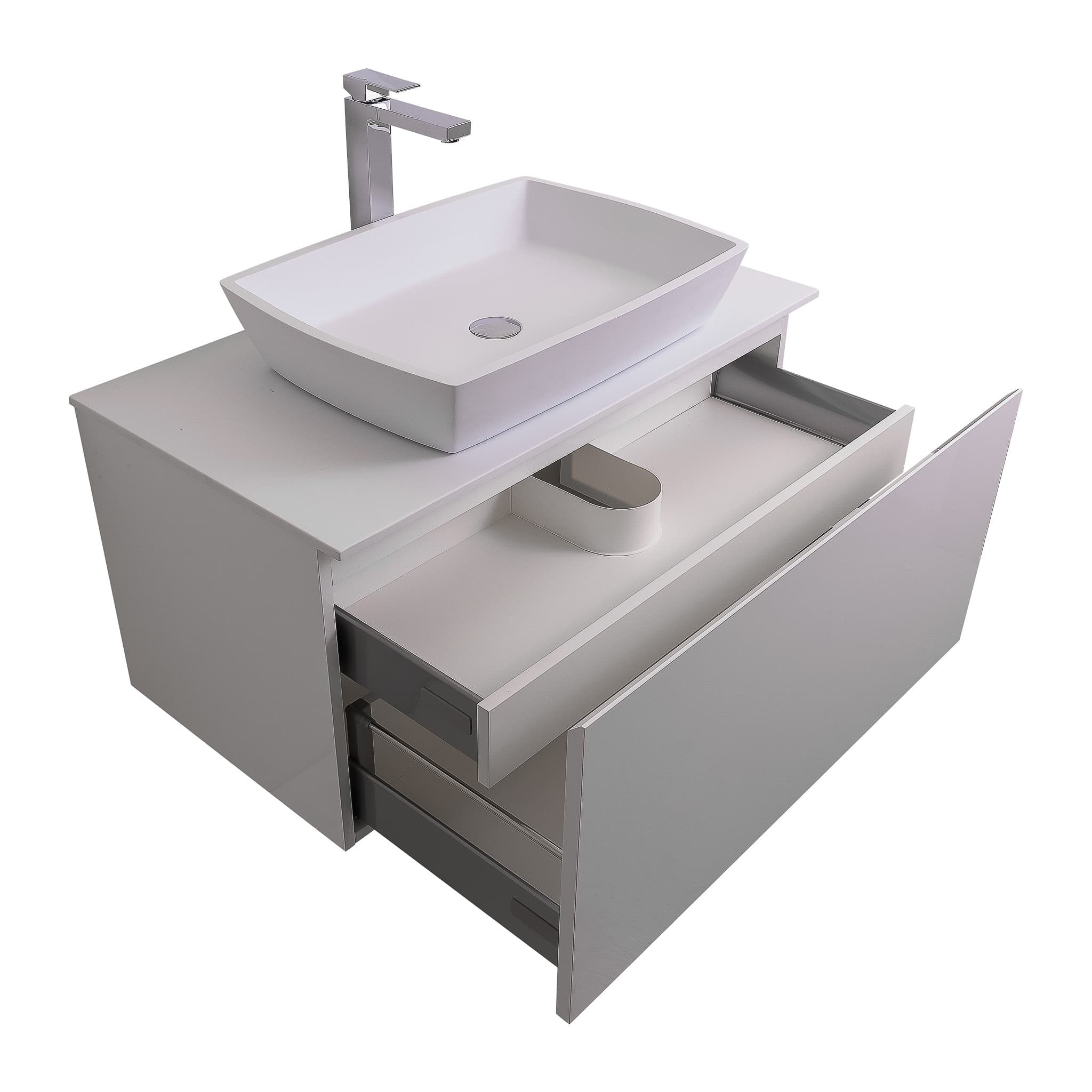 Venice 31.5 White High Gloss Cabinet, Solid Surface Flat White Counter And Square Solid Surface White Basin 1316, Wall Mounted Modern Vanity Set