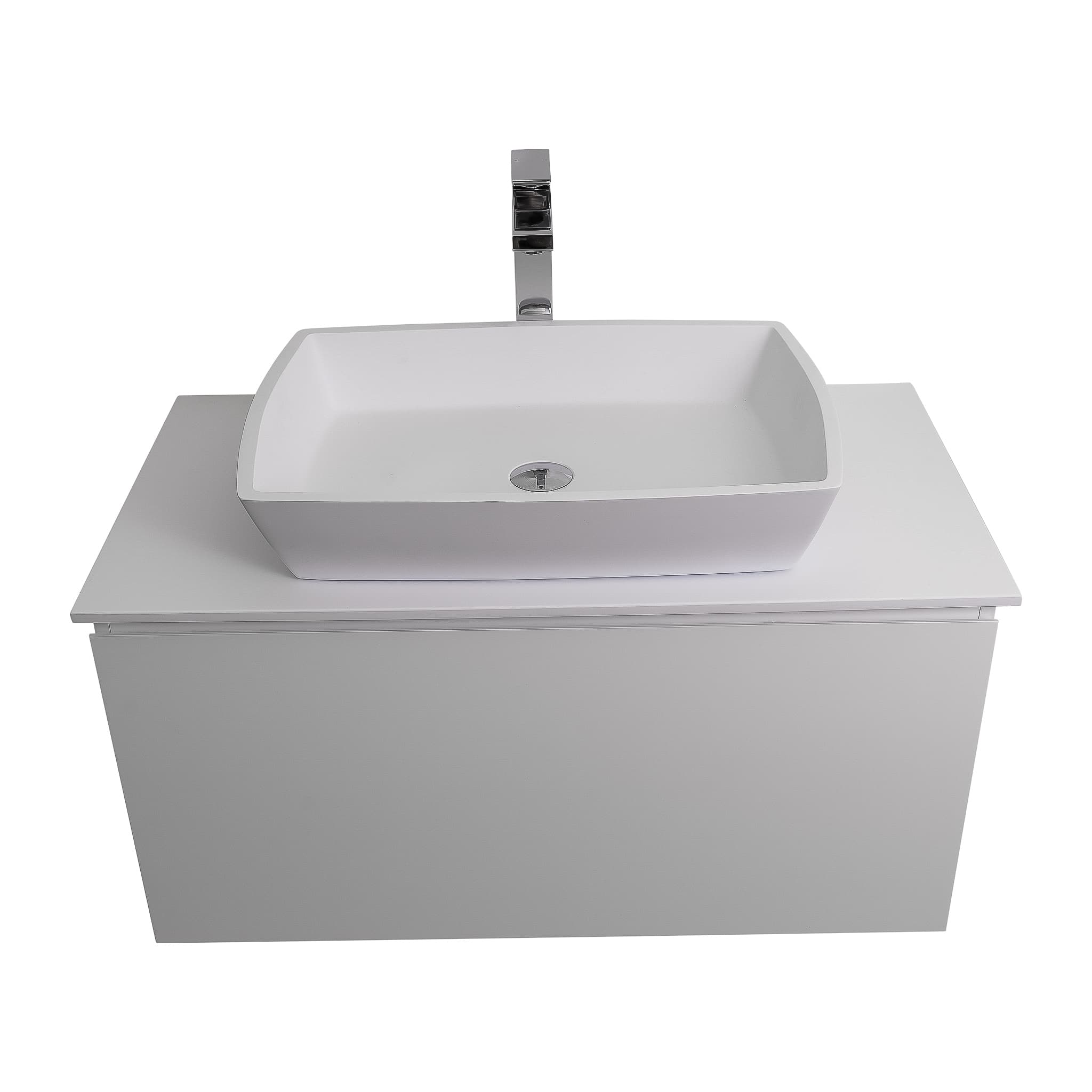 Venice 31.5 White High Gloss Cabinet, Solid Surface Flat White Counter And Square Solid Surface White Basin 1316, Wall Mounted Modern Vanity Set