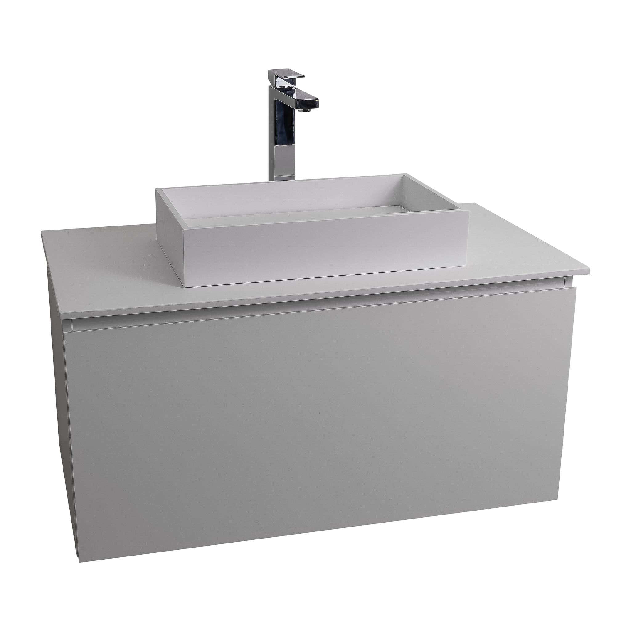 Venice 31.5 White High Gloss Cabinet, Solid Surface Flat White Counter And Infinity Square Solid Surface White Basin 1329, Wall Mounted Modern Vanity Set