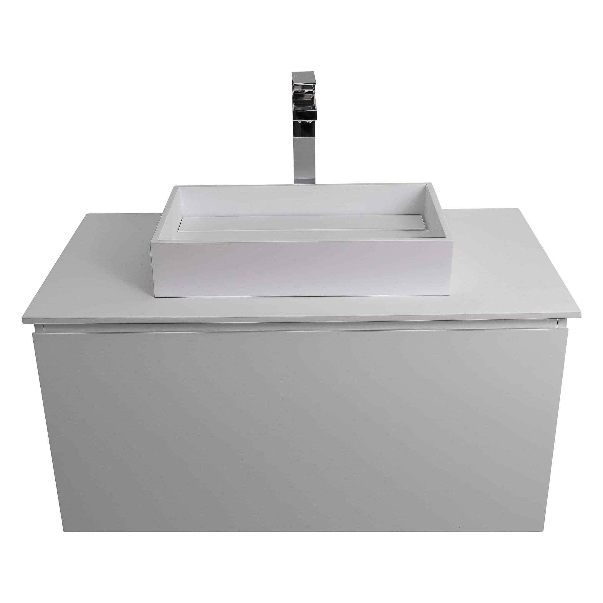 Venice 31.5 White High Gloss Cabinet, Solid Surface Flat White Counter And Infinity Square Solid Surface White Basin 1329, Wall Mounted Modern Vanity Set