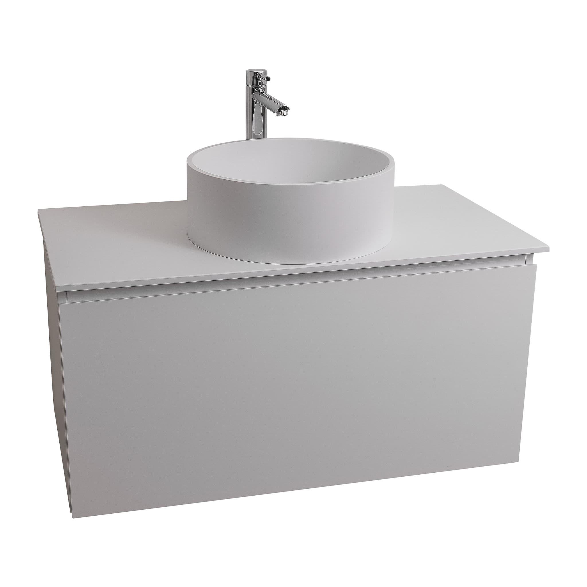 Venice 31.5 White High Gloss Cabinet, Solid Surface Flat White Counter And Round Solid Surface White Basin 1386, Wall Mounted Modern Vanity Set