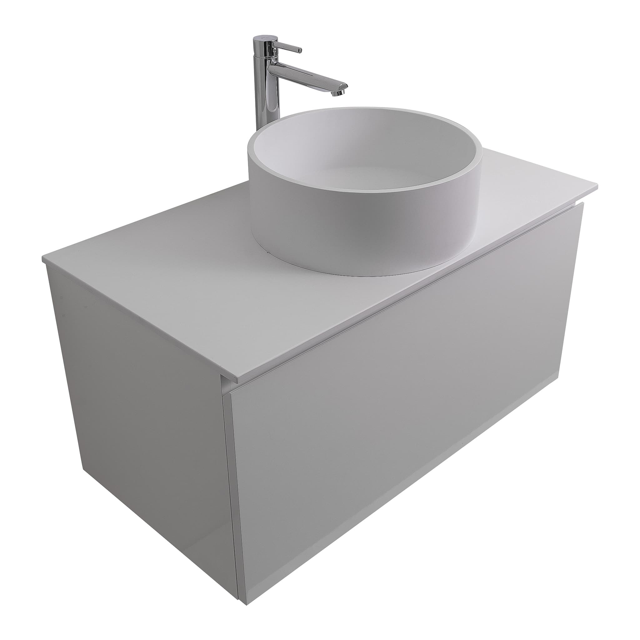 Venice 31.5 White High Gloss Cabinet, Solid Surface Flat White Counter And Round Solid Surface White Basin 1386, Wall Mounted Modern Vanity Set