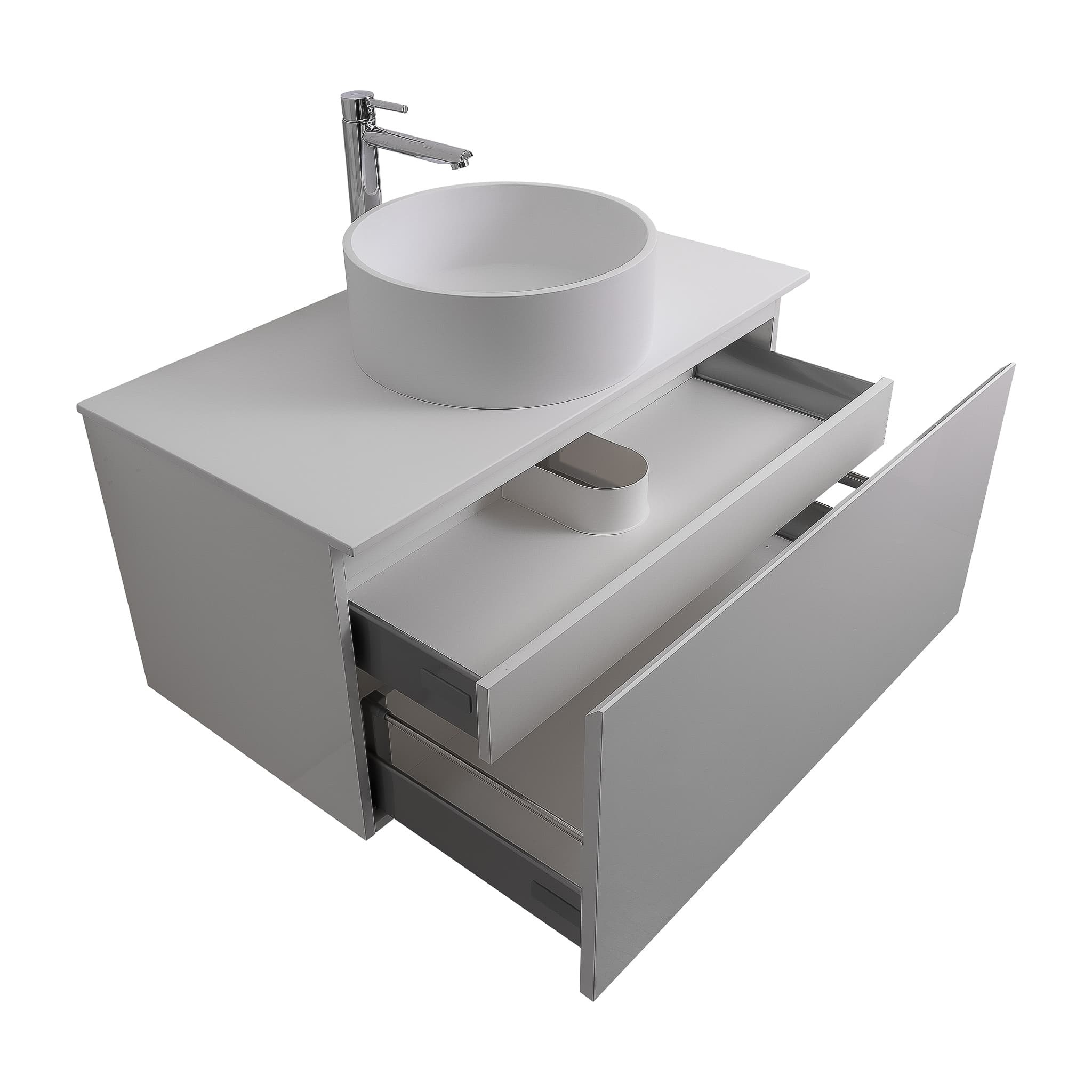 Venice 31.5 White High Gloss Cabinet, Solid Surface Flat White Counter And Round Solid Surface White Basin 1386, Wall Mounted Modern Vanity Set