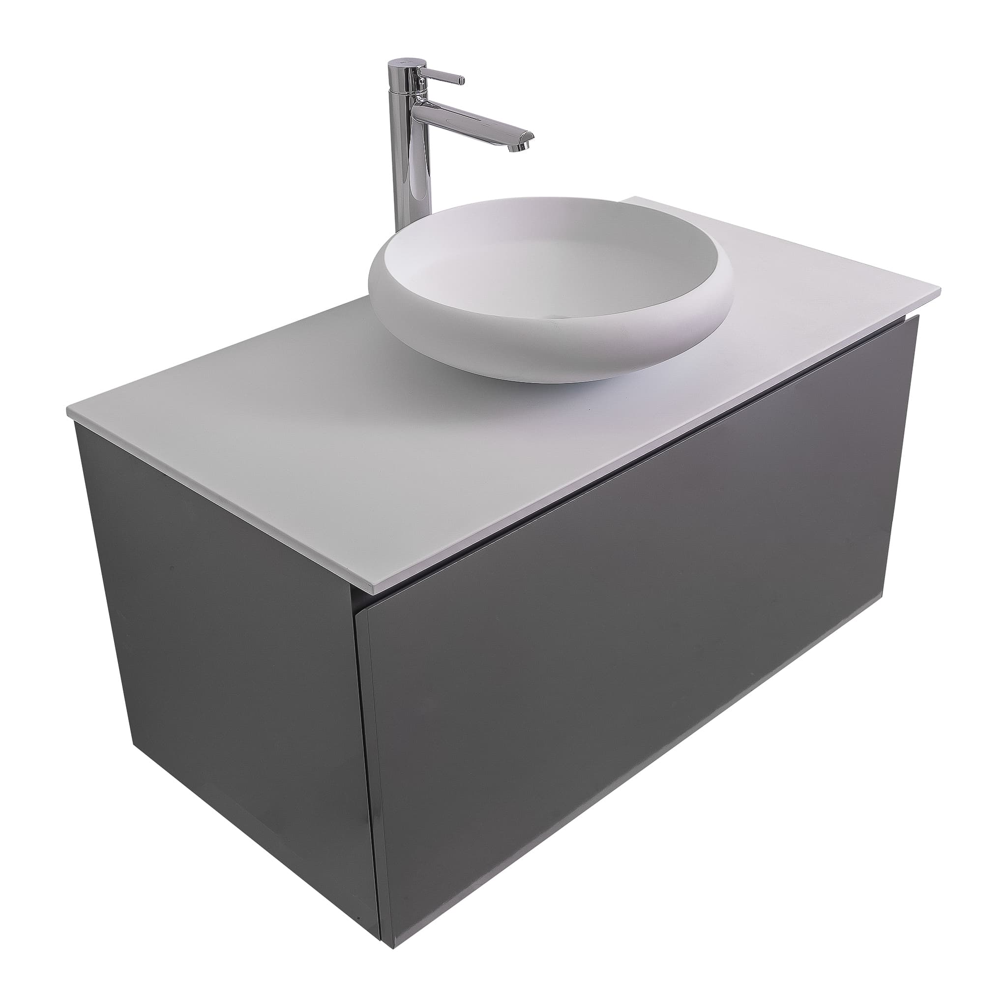 Venice 35.5 Anthracite High Gloss Cabinet, Solid Surface Flat White Counter And Round Solid Surface White Basin 1153, Wall Mounted Modern Vanity Set