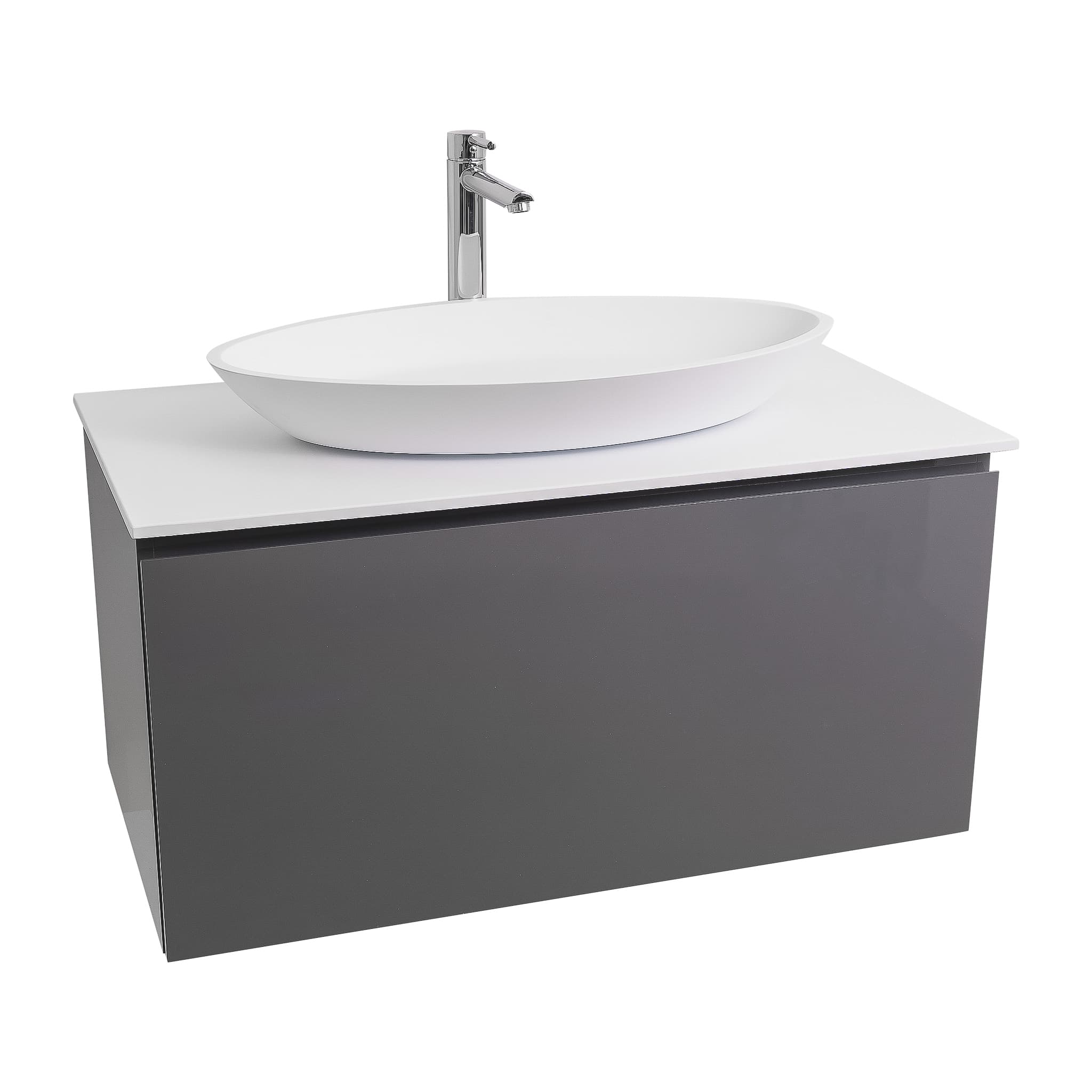 Venice 35.5 Anthracite High Gloss Cabinet, Solid Surface Flat White Counter And Oval Solid Surface White Basin 1305, Wall Mounted Modern Vanity Set