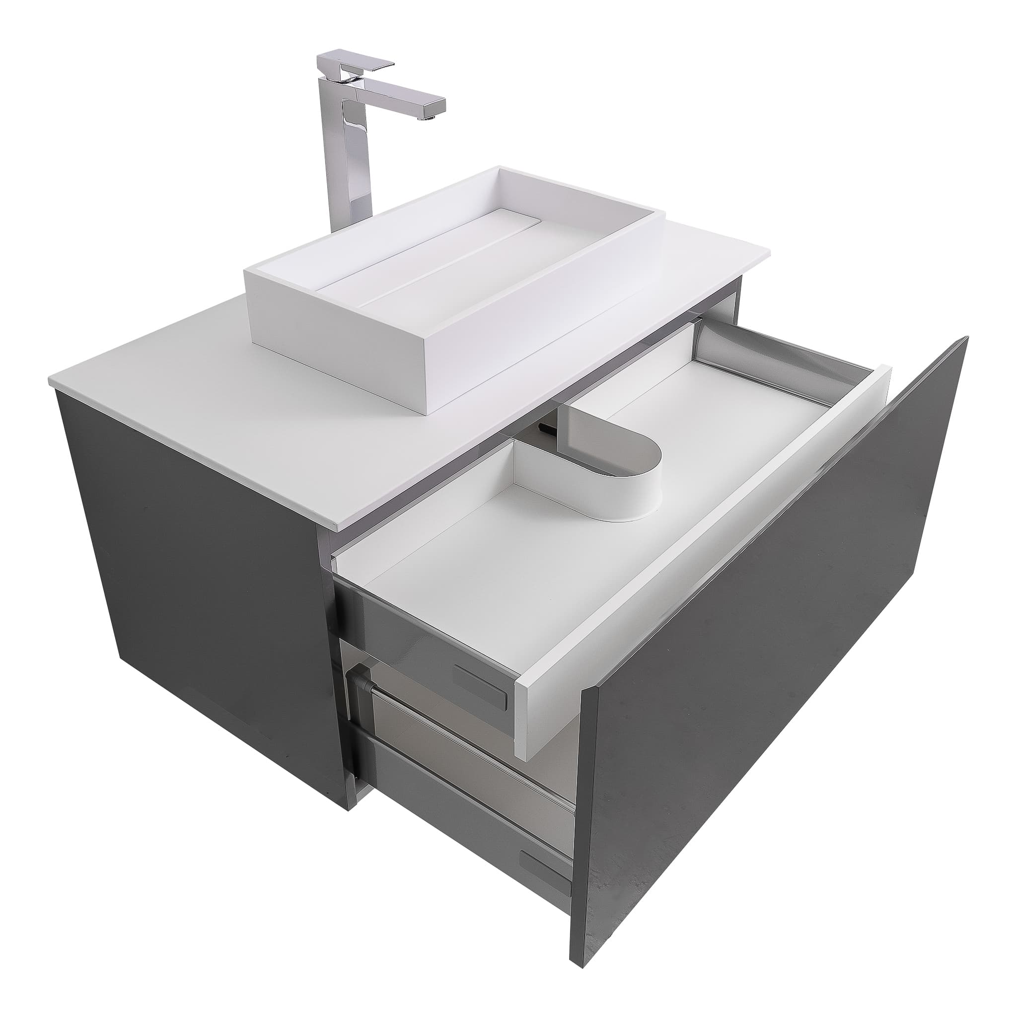 Venice 35.5 Anthracite High Gloss Cabinet, Solid Surface Flat White Counter And Infinity Square Solid Surface White Basin 1329, Wall Mounted Modern Vanity Set