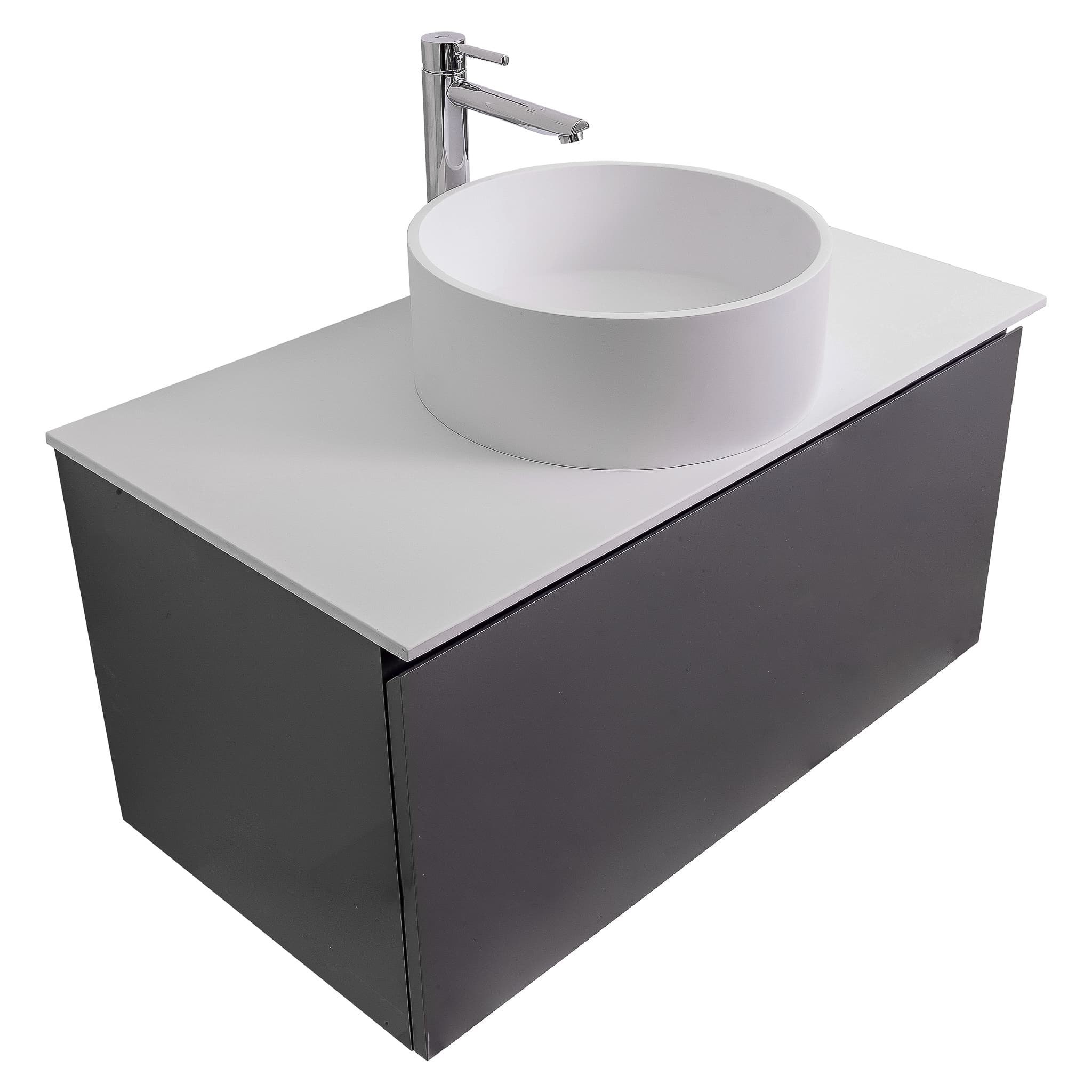 Venice 35.5 Anthracite High Gloss Cabinet, Solid Surface Flat White Counter And Round Solid Surface White Basin 1386, Wall Mounted Modern Vanity Set