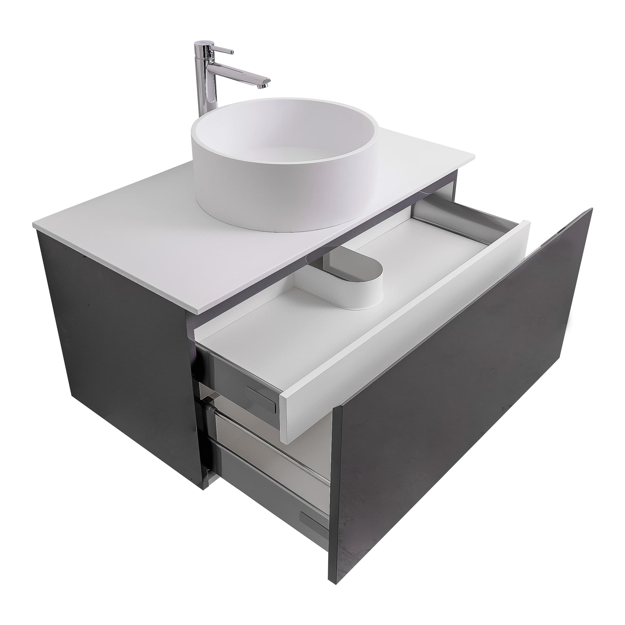 Venice 35.5 Anthracite High Gloss Cabinet, Solid Surface Flat White Counter And Round Solid Surface White Basin 1386, Wall Mounted Modern Vanity Set