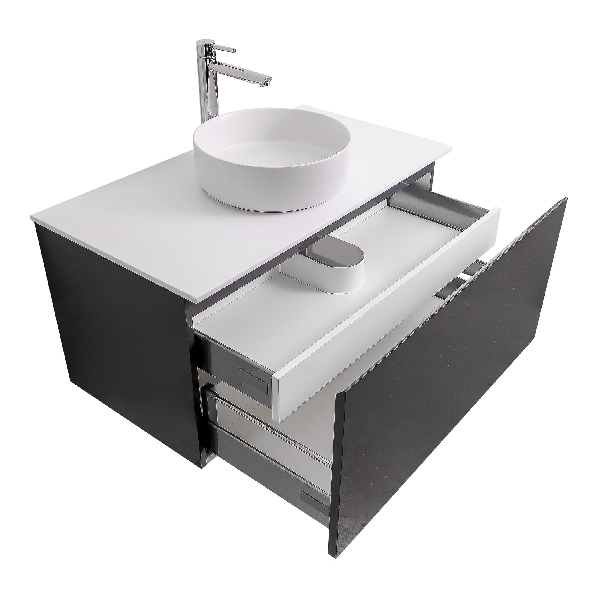 Venice 35.5 Anthracite High Gloss Cabinet, Ares White Top And Ares White Ceramic Basin, Wall Mounted Modern Vanity Set
