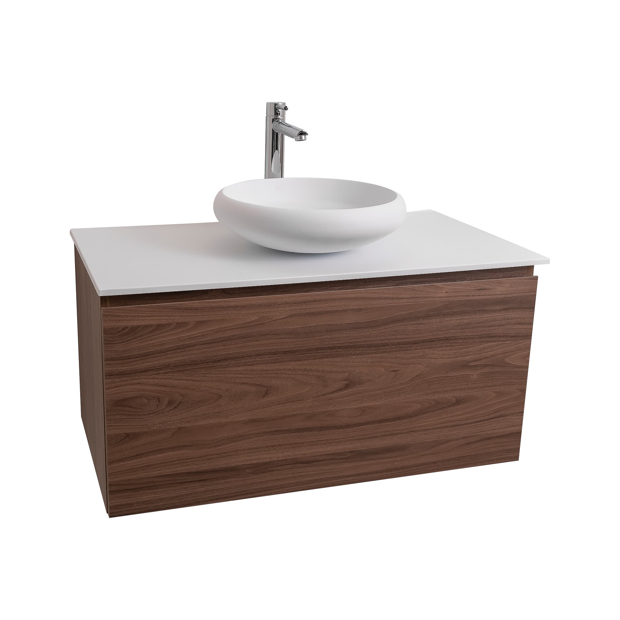 Venice 35.5 Walnut Wood Texture Cabinet, Solid Surface Flat White Counter And Round Solid Surface White Basin 1153, Wall Mounted Modern Vanity Set