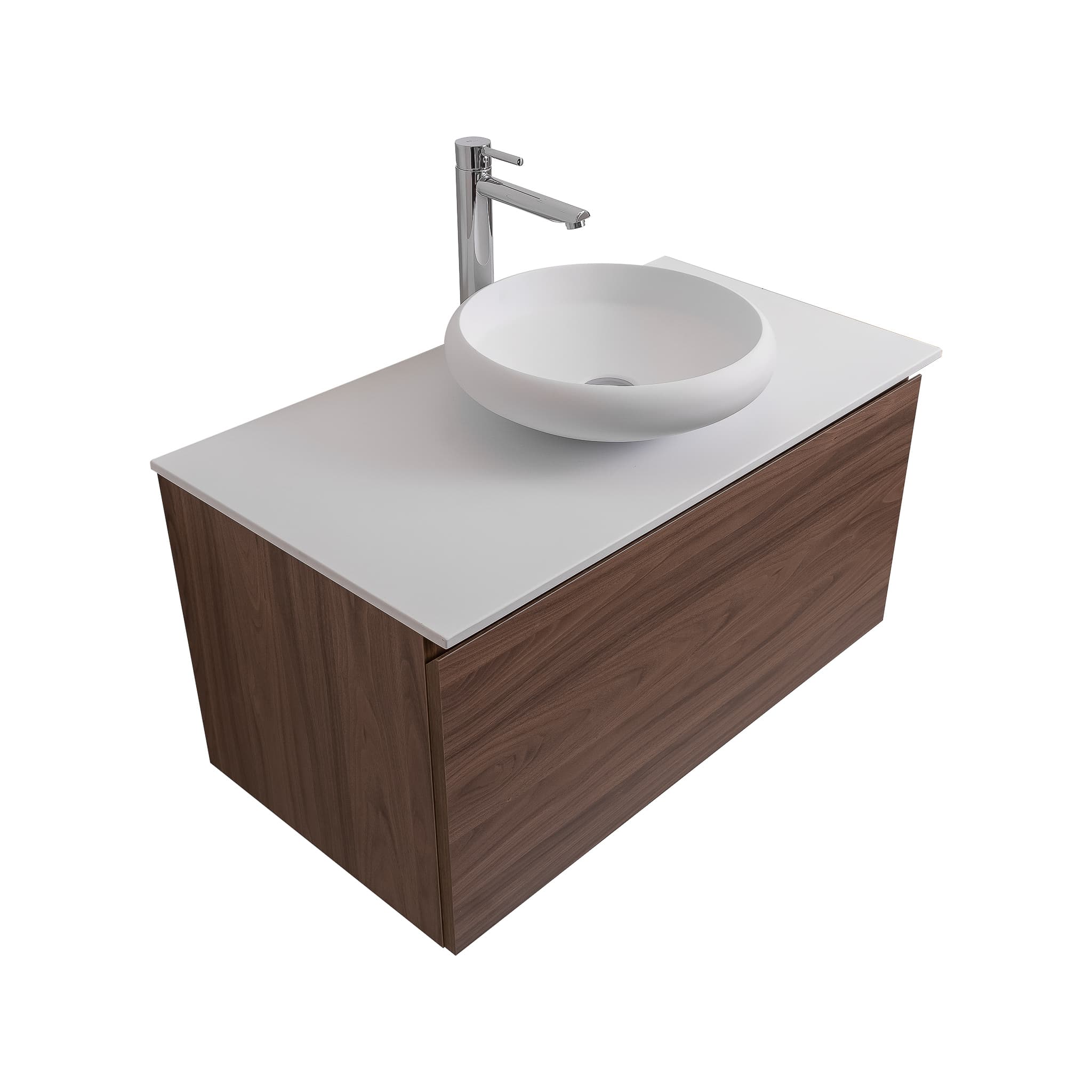 Venice 35.5 Walnut Wood Texture Cabinet, Solid Surface Flat White Counter And Round Solid Surface White Basin 1153, Wall Mounted Modern Vanity Set