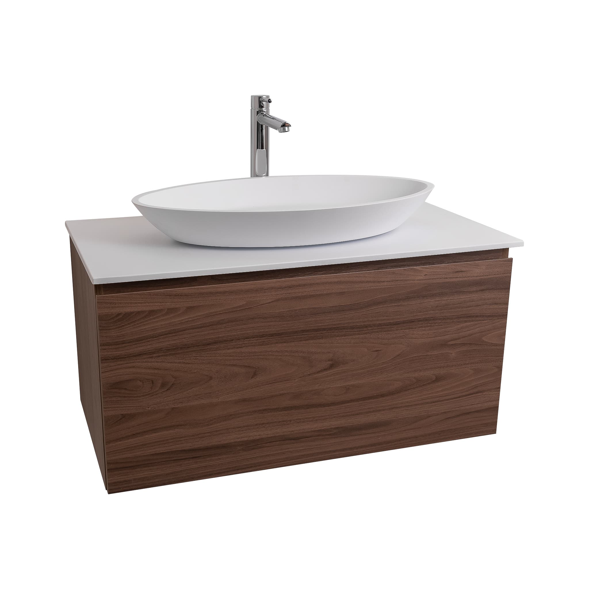 Venice 35.5 Walnut Wood Texture Cabinet, Solid Surface Flat White Counter And Oval Solid Surface White Basin 1305, Wall Mounted Modern Vanity Set