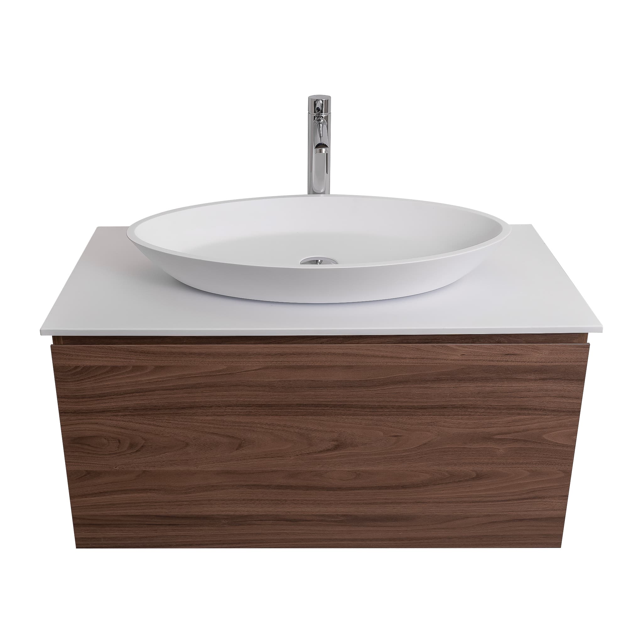 Venice 35.5 Walnut Wood Texture Cabinet, Solid Surface Flat White Counter And Oval Solid Surface White Basin 1305, Wall Mounted Modern Vanity Set