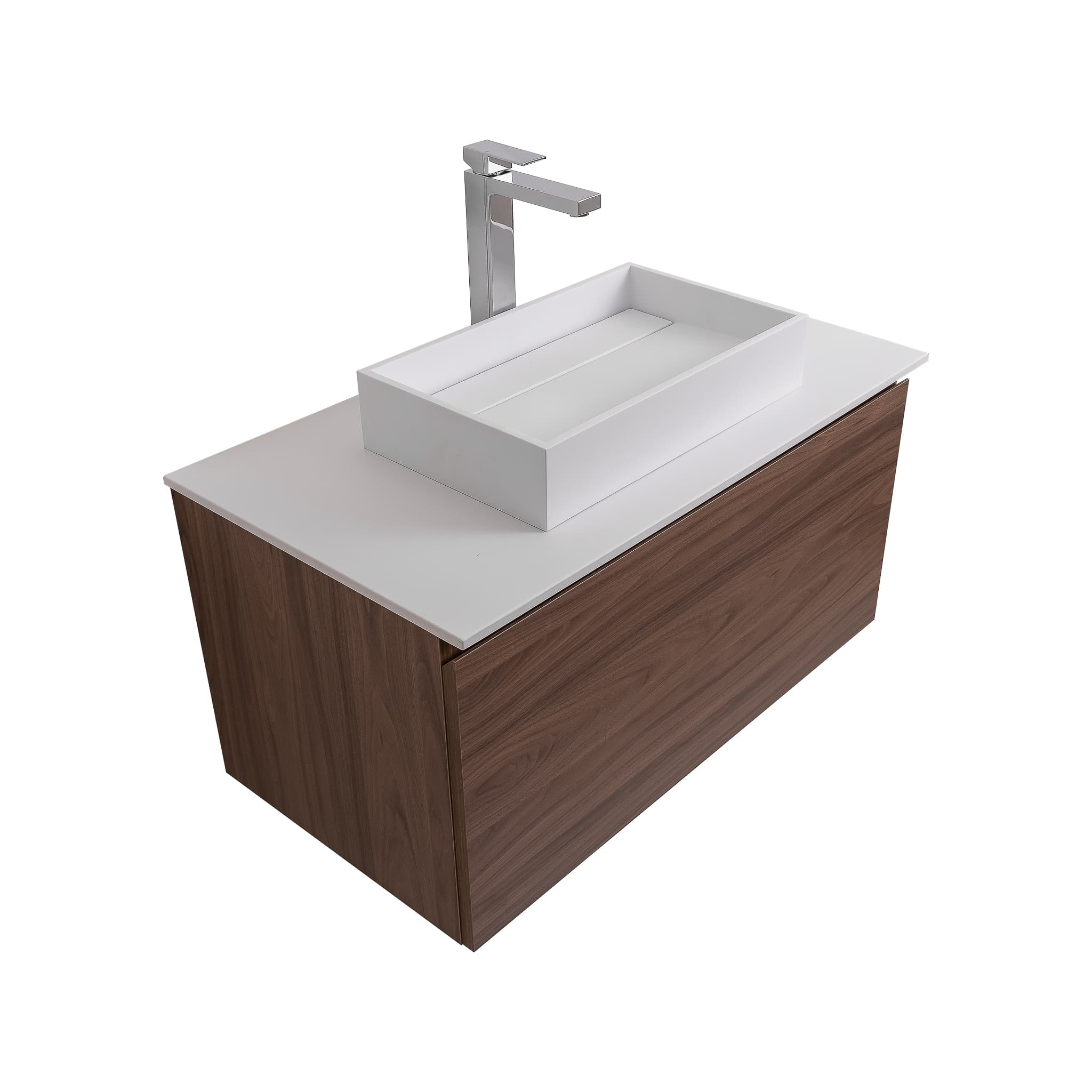 Venice 35.5 Walnut Wood Texture Cabinet, Solid Surface Flat White Counter And Infinity Square Solid Surface White Basin 1329, Wall Mounted Modern Vanity Set