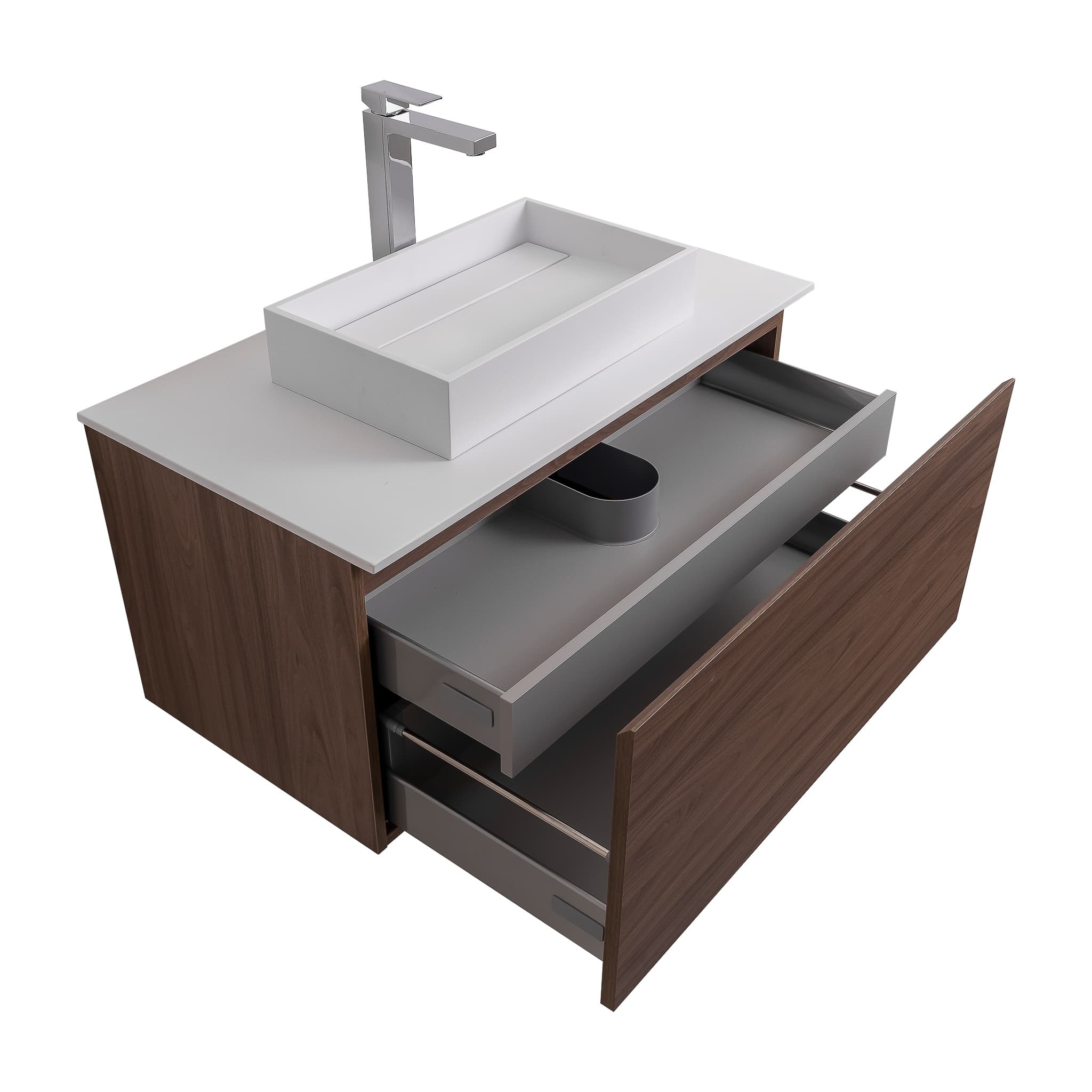 Venice 35.5 Walnut Wood Texture Cabinet, Solid Surface Flat White Counter And Infinity Square Solid Surface White Basin 1329, Wall Mounted Modern Vanity Set