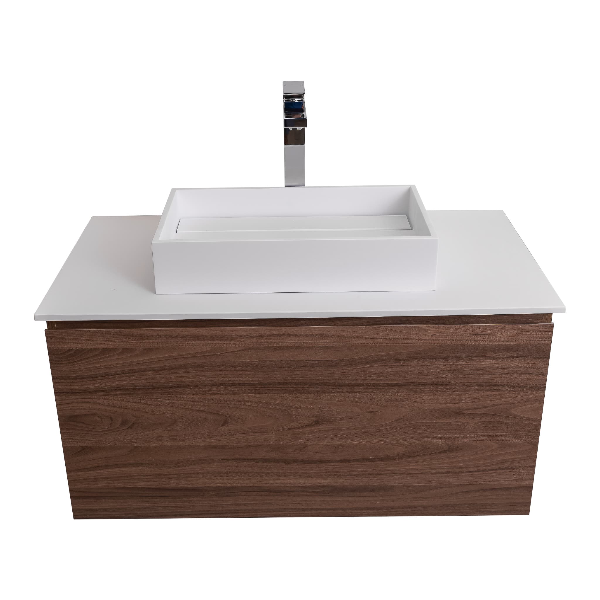 Venice 35.5 Walnut Wood Texture Cabinet, Solid Surface Flat White Counter And Infinity Square Solid Surface White Basin 1329, Wall Mounted Modern Vanity Set