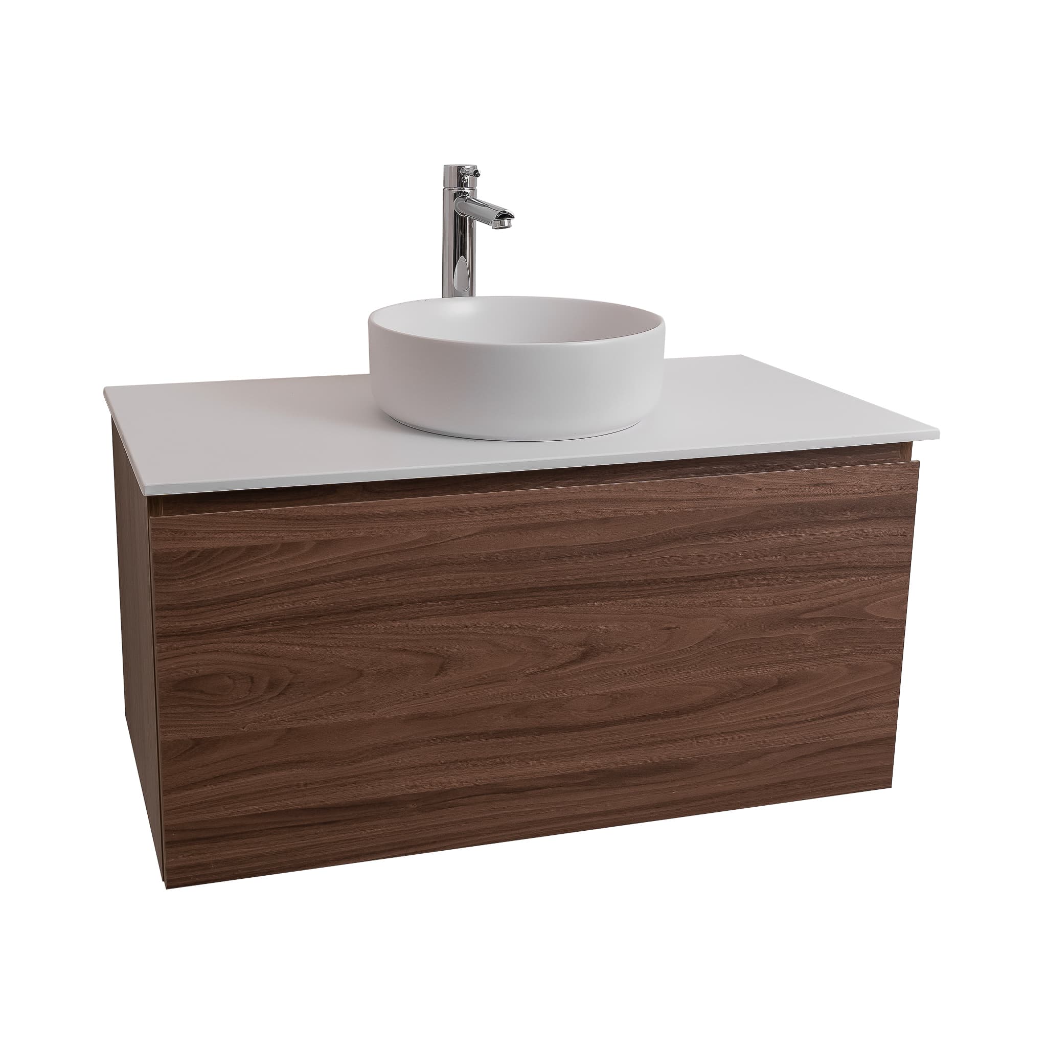Venice 35.5 Walnut Wood Texture Cabinet, Ares White Top And Ares White Ceramic Basin, Wall Mounted Modern Vanity Set