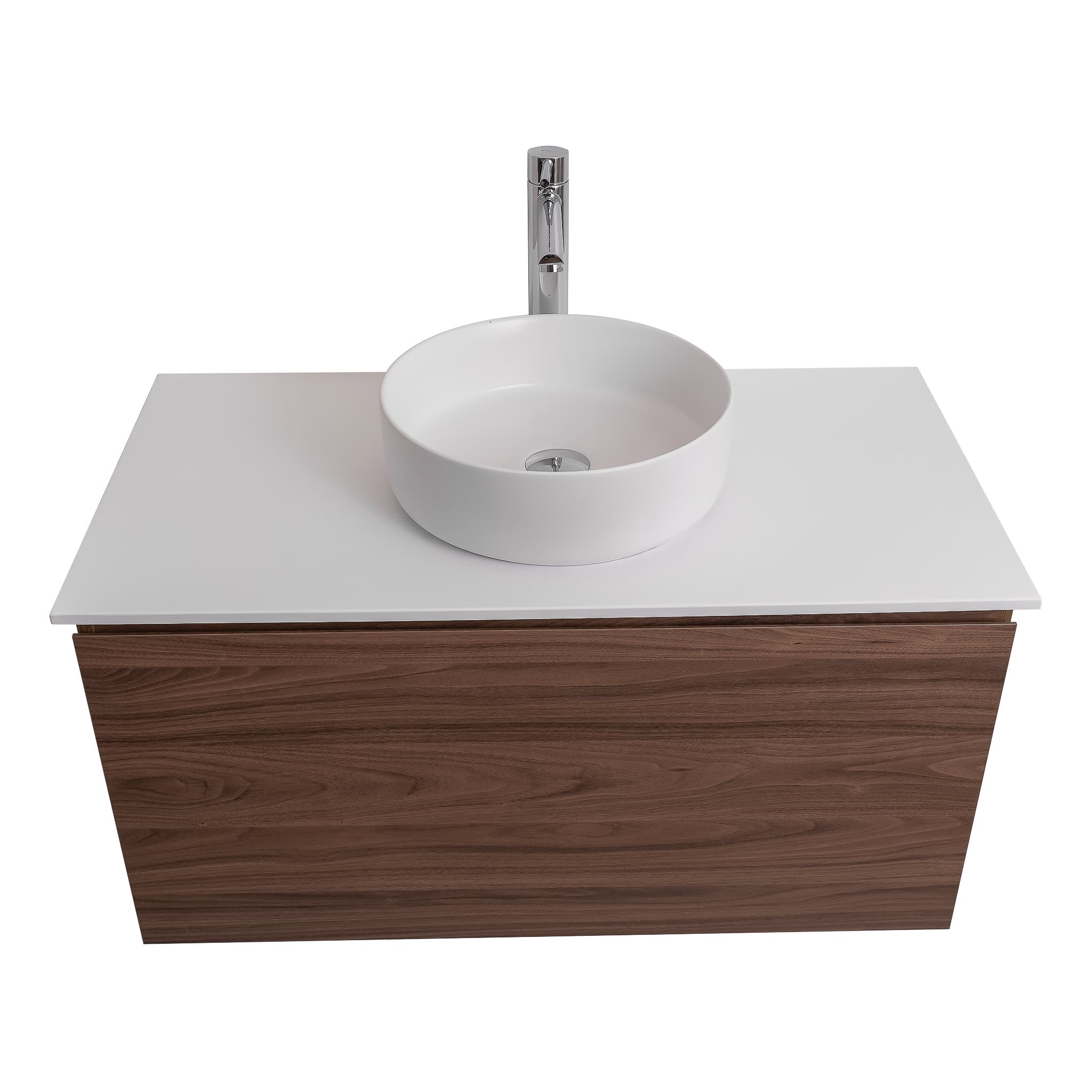 Venice 35.5 Walnut Wood Texture Cabinet, Ares White Top And Ares White Ceramic Basin, Wall Mounted Modern Vanity Set