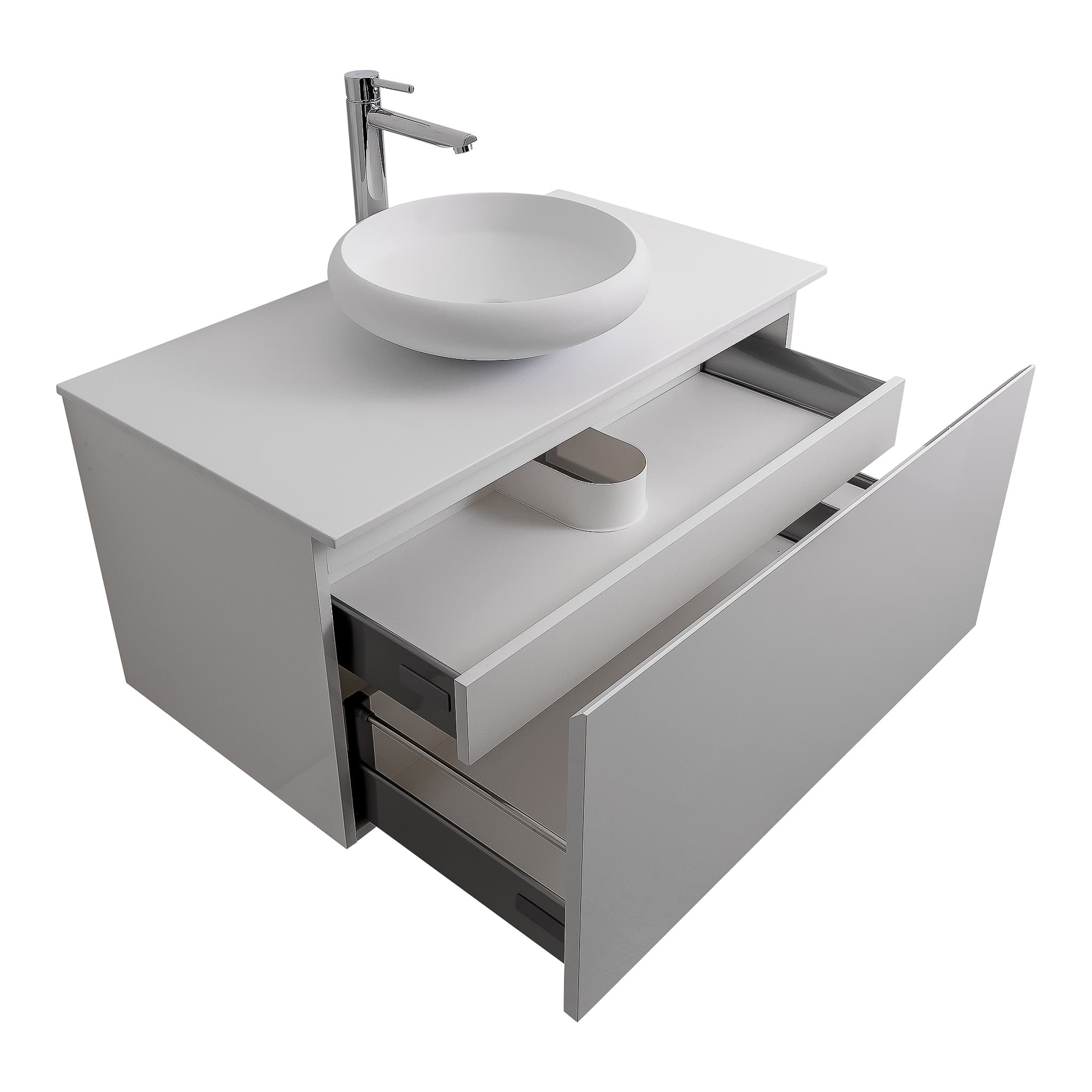 Venice 35.5 White High Gloss Cabinet, Solid Surface Flat White Counter And Round Solid Surface White Basin 1153, Wall Mounted Modern Vanity Set