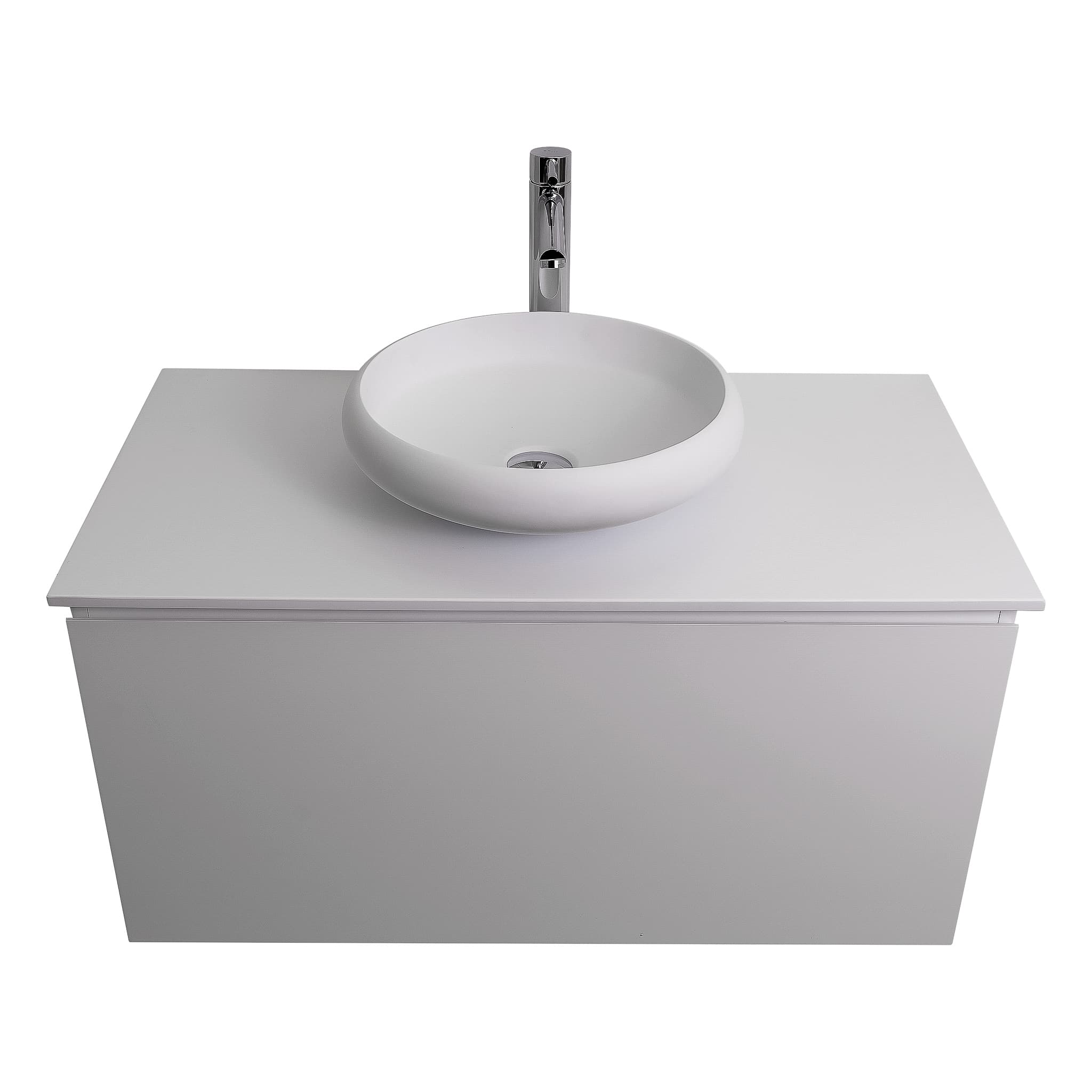 Venice 35.5 White High Gloss Cabinet, Solid Surface Flat White Counter And Round Solid Surface White Basin 1153, Wall Mounted Modern Vanity Set