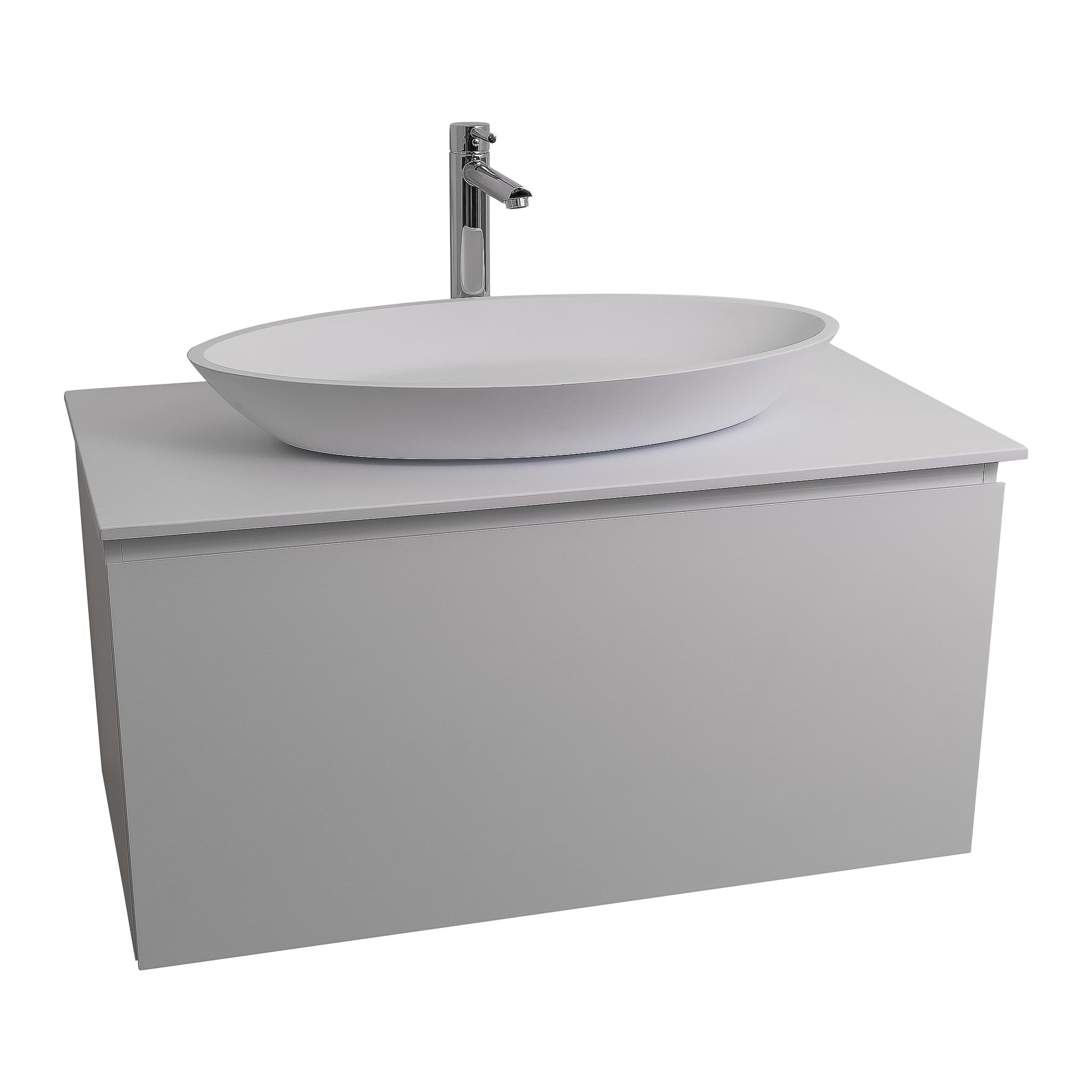Venice 35.5 White High Gloss Cabinet, Solid Surface Flat White Counter And Oval Solid Surface White Basin 1305, Wall Mounted Modern Vanity Set