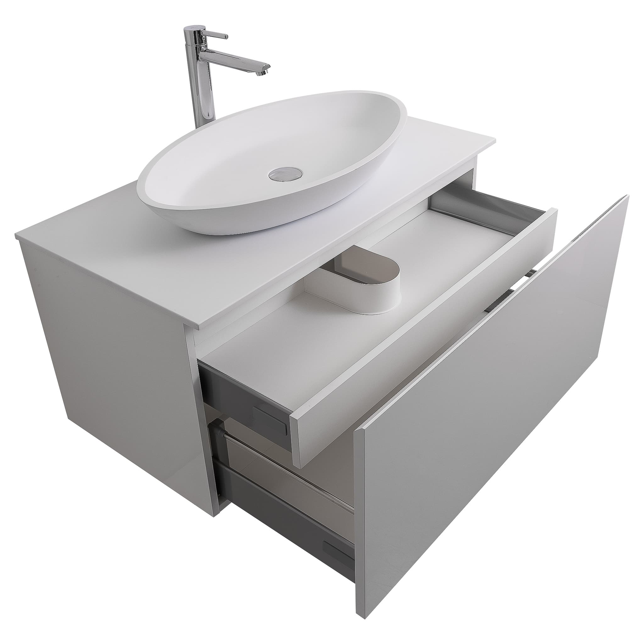 Venice 35.5 White High Gloss Cabinet, Solid Surface Flat White Counter And Oval Solid Surface White Basin 1305, Wall Mounted Modern Vanity Set