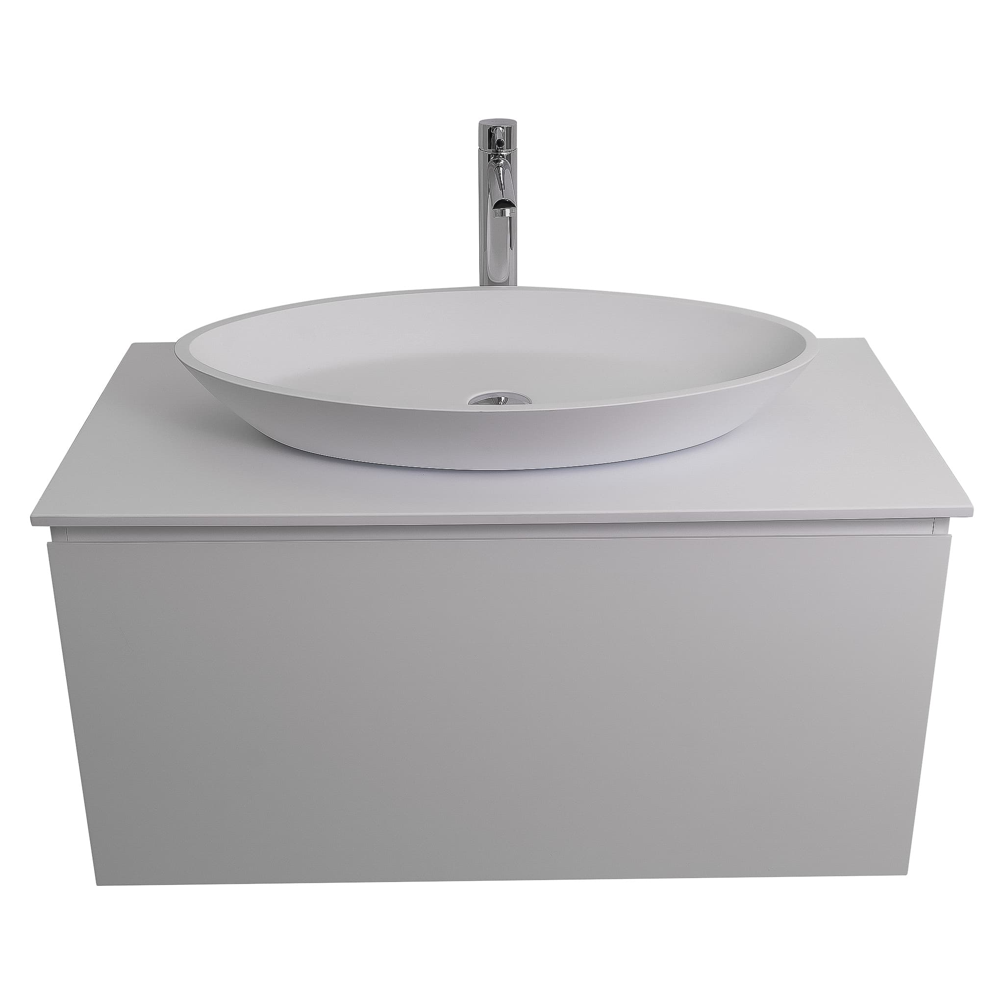 Venice 35.5 White High Gloss Cabinet, Solid Surface Flat White Counter And Oval Solid Surface White Basin 1305, Wall Mounted Modern Vanity Set