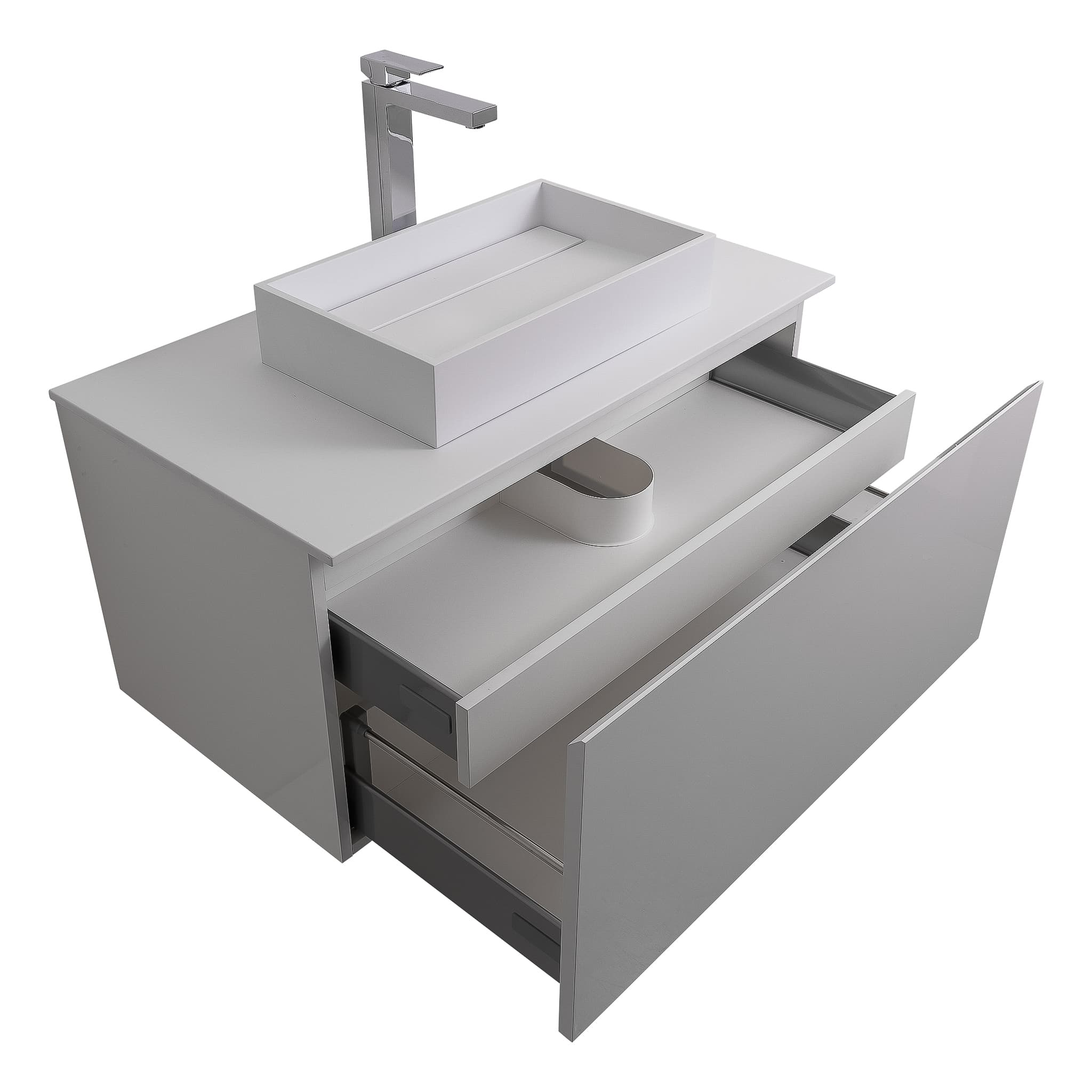 Venice 35.5 White High Gloss Cabinet, Solid Surface Flat White Counter And Infinity Square Solid Surface White Basin 1329, Wall Mounted Modern Vanity Set