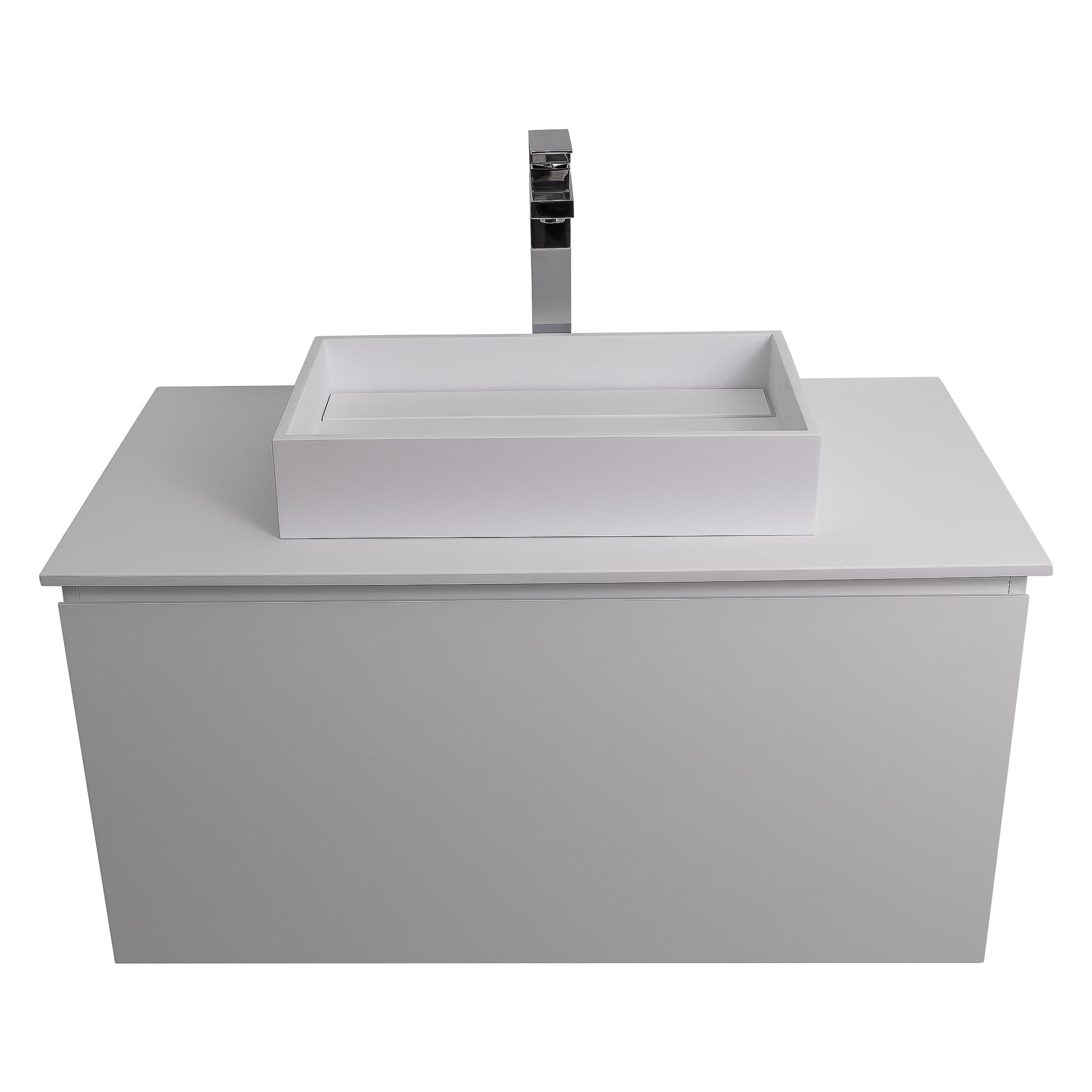 Venice 35.5 White High Gloss Cabinet, Solid Surface Flat White Counter And Infinity Square Solid Surface White Basin 1329, Wall Mounted Modern Vanity Set