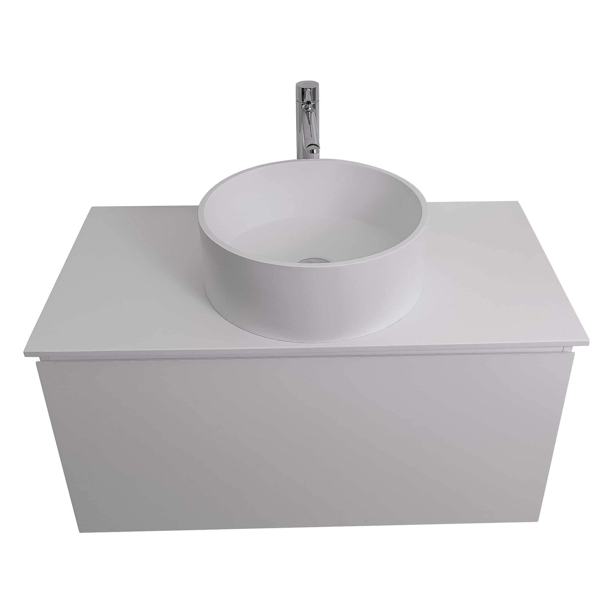 Venice 35.5 White High Gloss Cabinet, Solid Surface Flat White Counter And Round Solid Surface White Basin 1386, Wall Mounted Modern Vanity Set