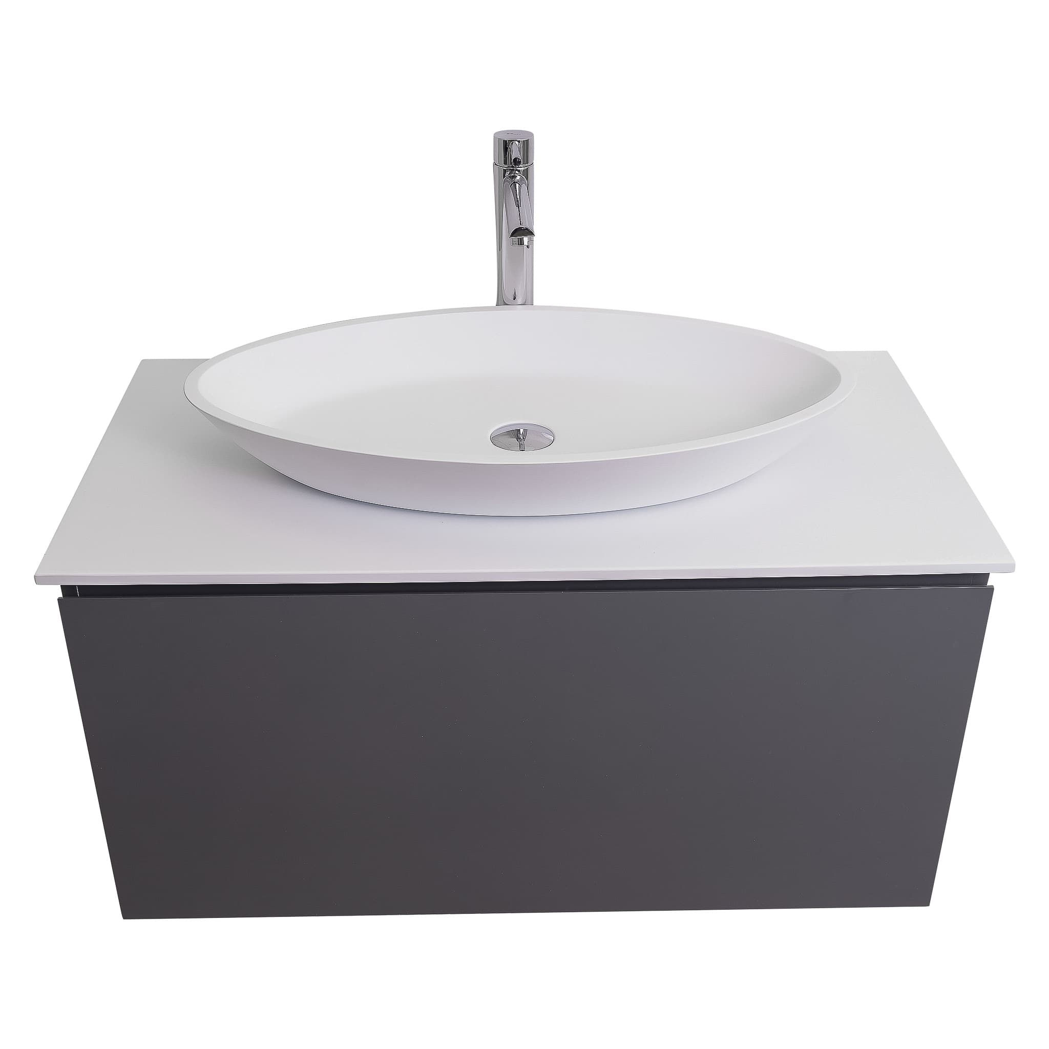 Venice 39.5 Anthracite High Gloss Cabinet, Solid Surface Flat White Counter And Oval Solid Surface White Basin 1305, Wall Mounted Modern Vanity Set