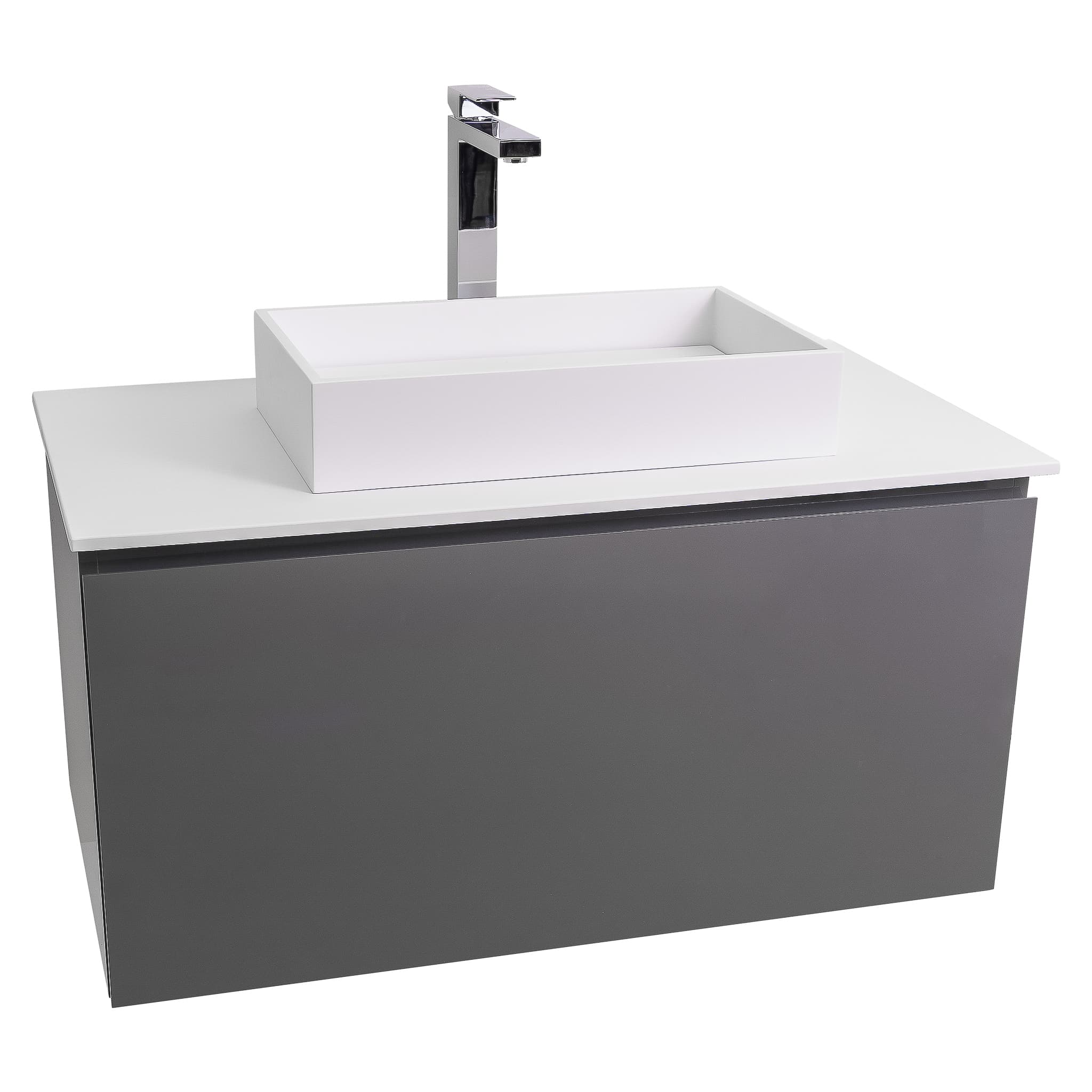 Venice 39.5 Anthracite High Gloss Cabinet, Solid Surface Flat White Counter And Infinity Square Solid Surface White Basin 1329, Wall Mounted Modern Vanity Set