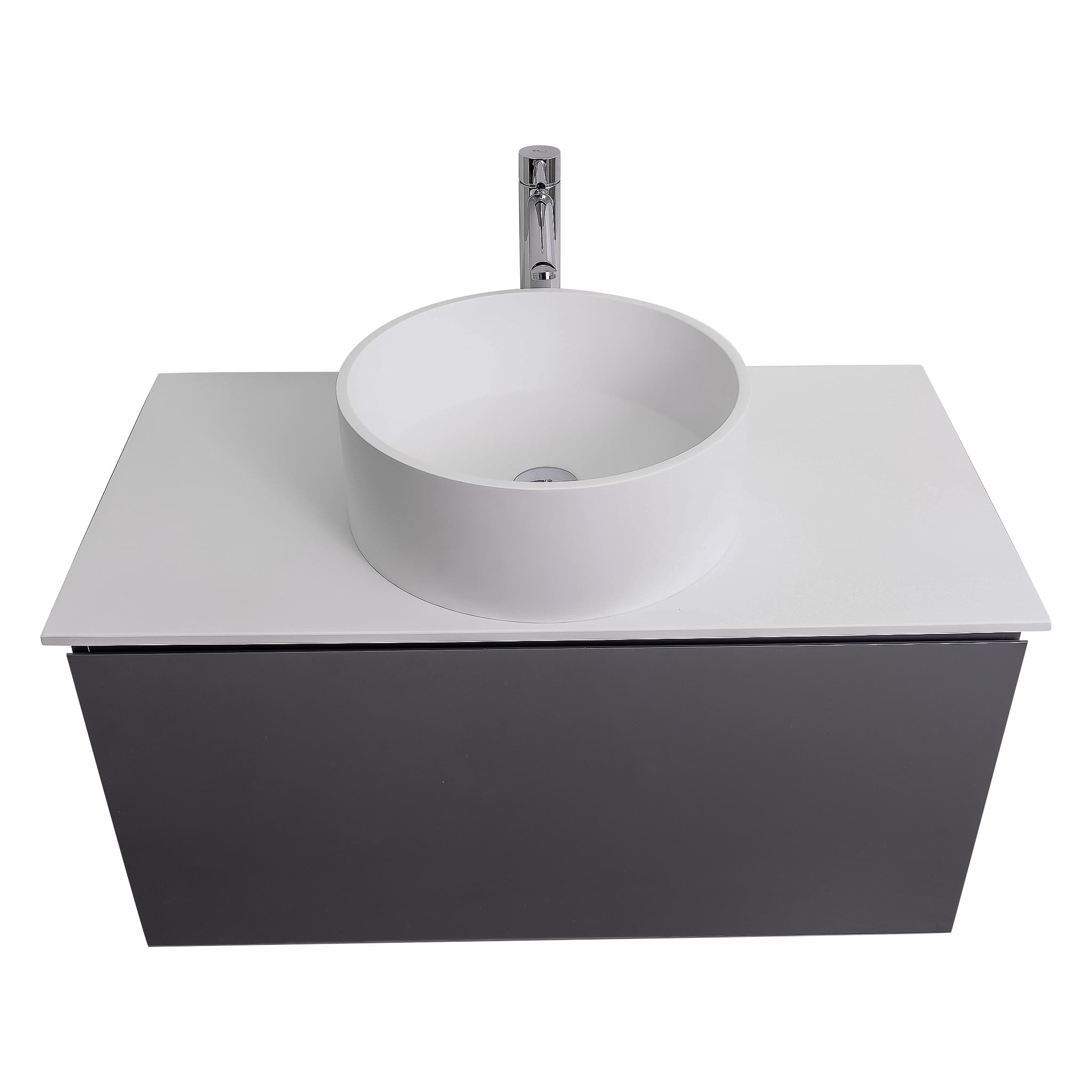 Venice 39.5 Anthracite High Gloss Cabinet, Solid Surface Flat White Counter And Round Solid Surface White Basin 1386, Wall Mounted Modern Vanity Set