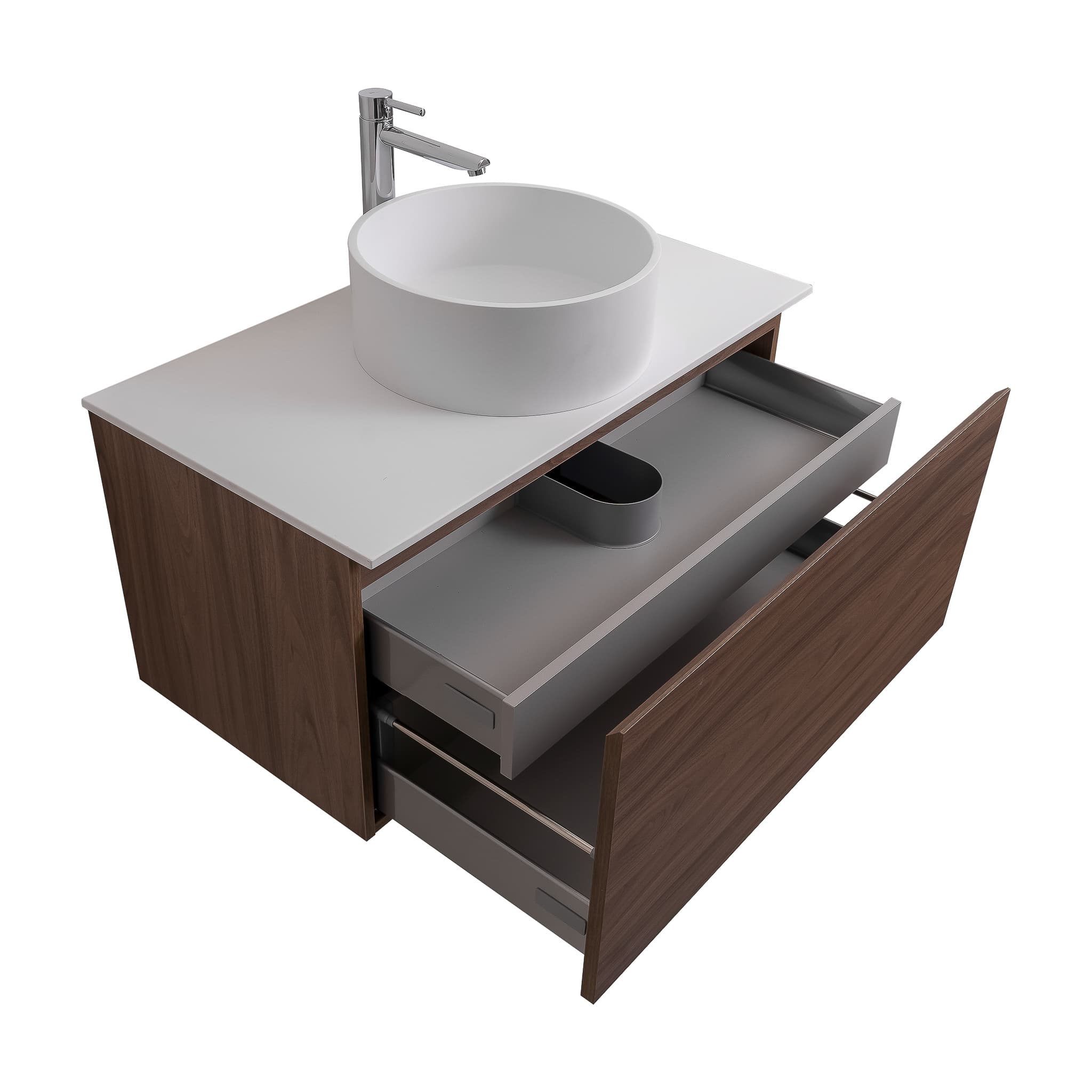 Venice 39.5 Walnut Wood Texture Cabinet, Solid Surface Flat White Counter And Round Solid Surface White Basin 1386, Wall Mounted Modern Vanity Set