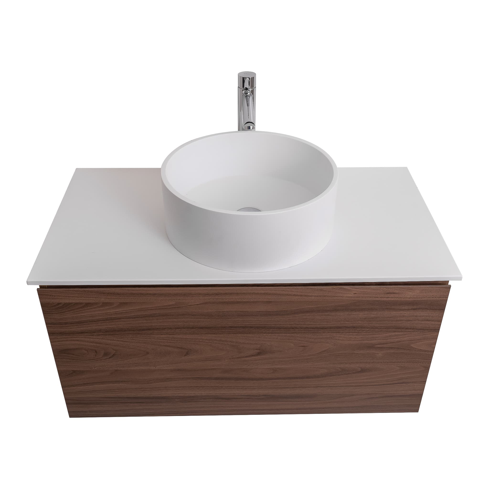 Venice 39.5 Walnut Wood Texture Cabinet, Solid Surface Flat White Counter And Round Solid Surface White Basin 1386, Wall Mounted Modern Vanity Set