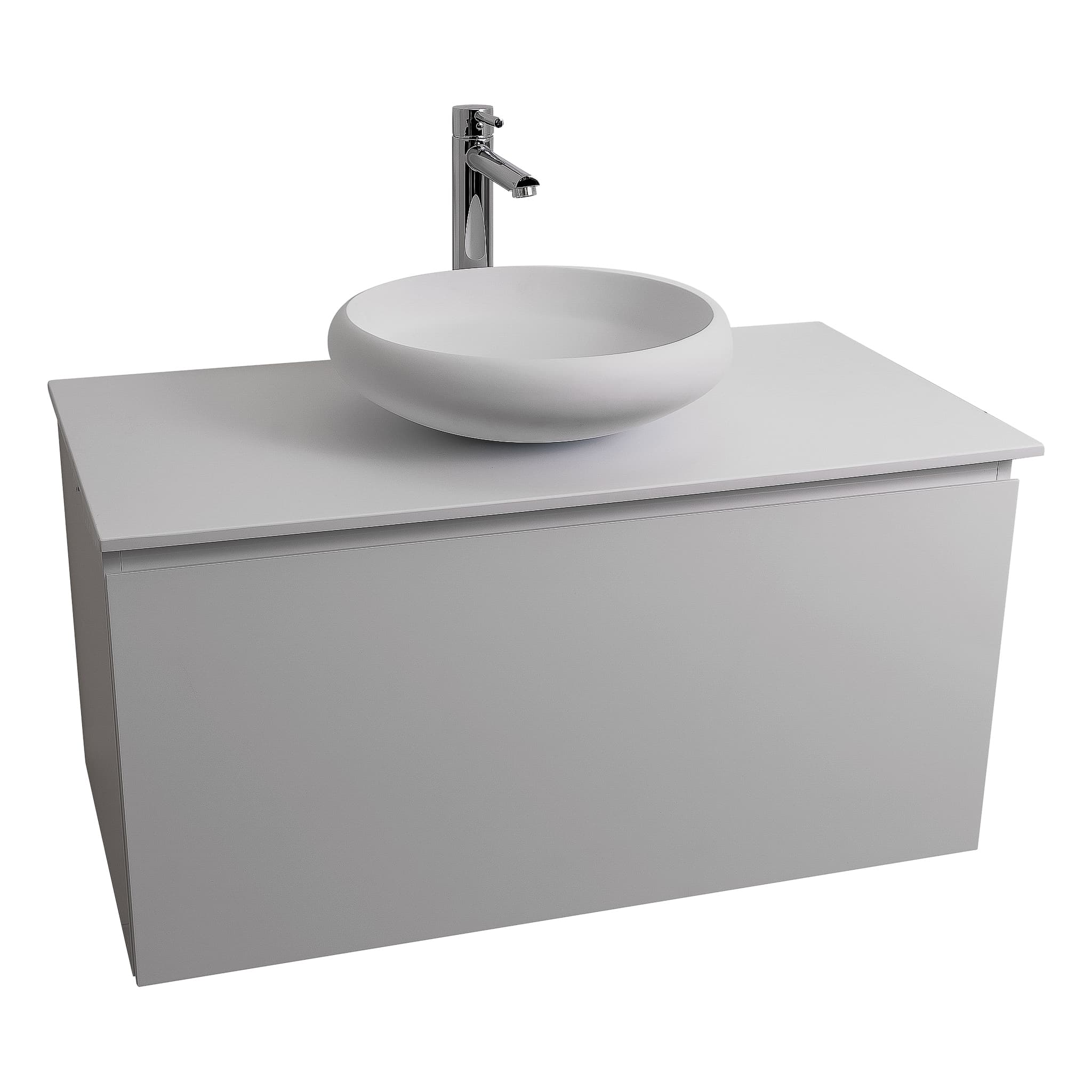 Venice 39.5 White High Gloss Cabinet, Solid Surface Flat White Counter And Round Solid Surface White Basin 1153, Wall Mounted Modern Vanity Set