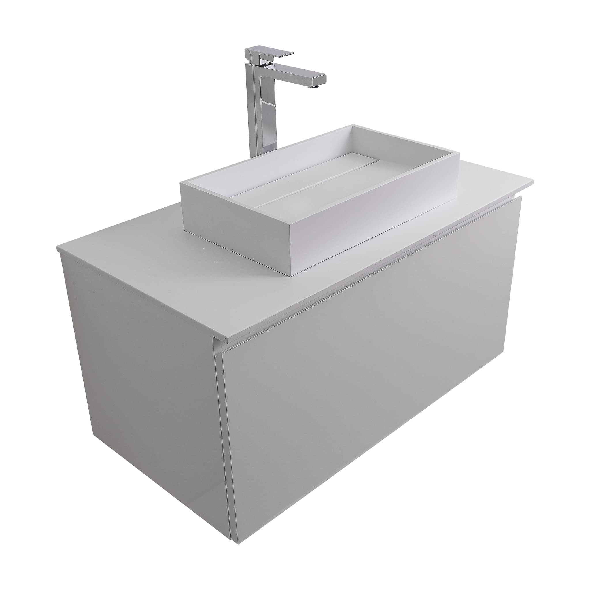 Venice 39.5 White High Gloss Cabinet, Solid Surface Flat White Counter And Infinity Square Solid Surface White Basin 1329, Wall Mounted Modern Vanity Set