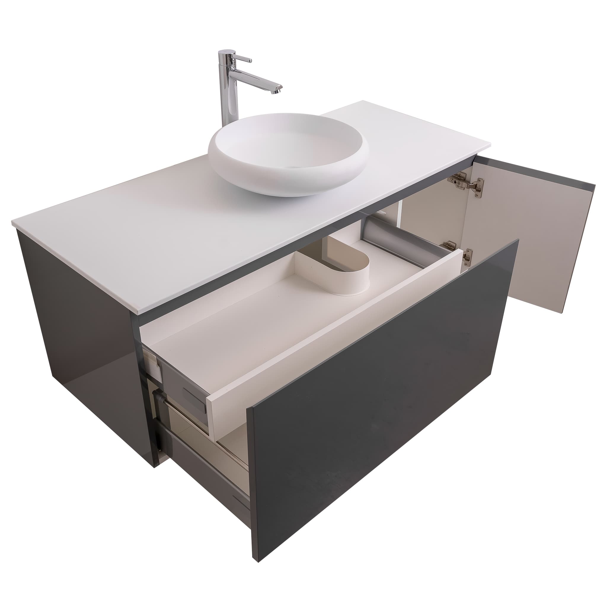 Venice 47.5 Anthracite High Gloss Cabinet, Solid Surface Flat White Counter And Round Solid Surface White Basin 1153, Wall Mounted Modern Vanity Set