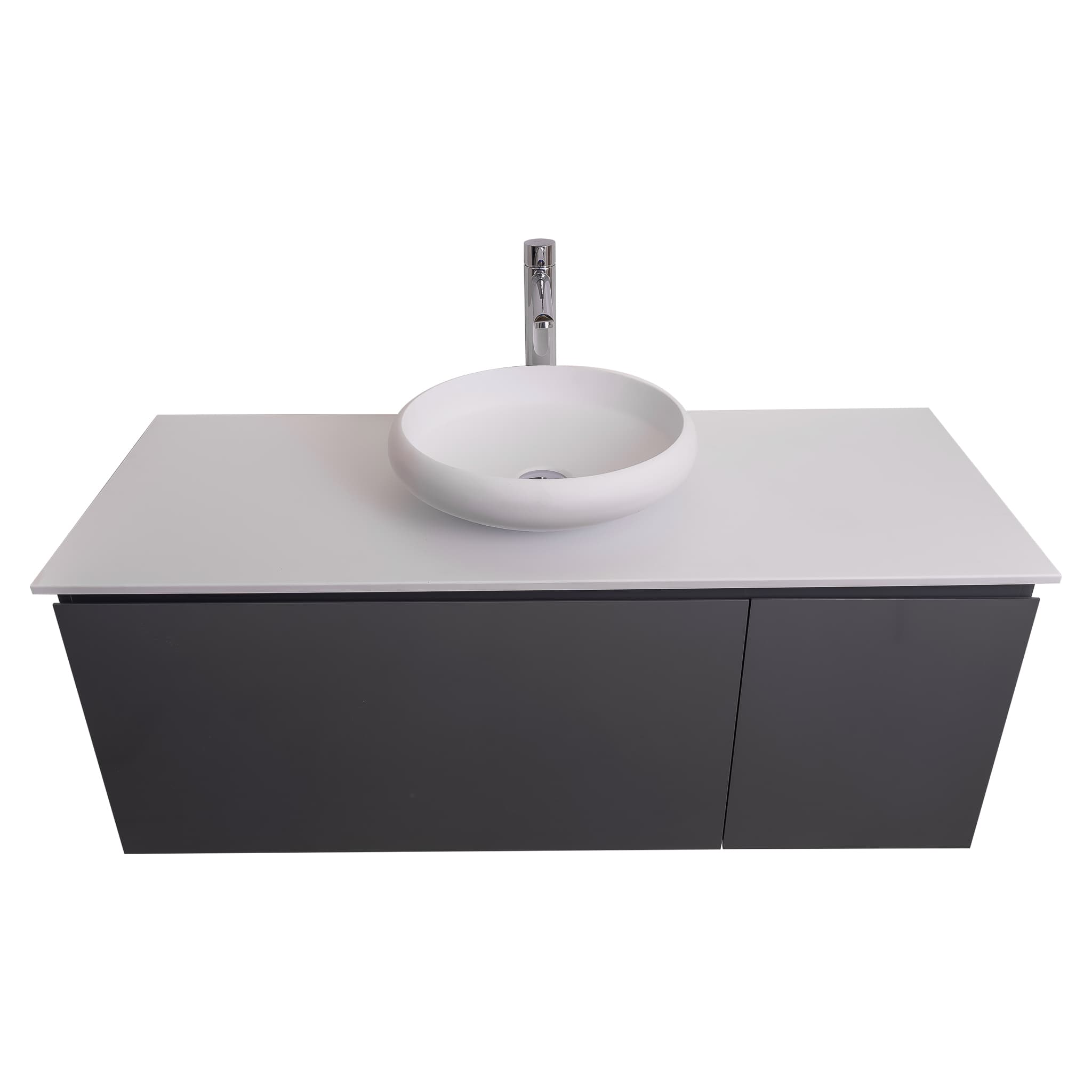 Venice 47.5 Anthracite High Gloss Cabinet, Solid Surface Flat White Counter And Round Solid Surface White Basin 1153, Wall Mounted Modern Vanity Set
