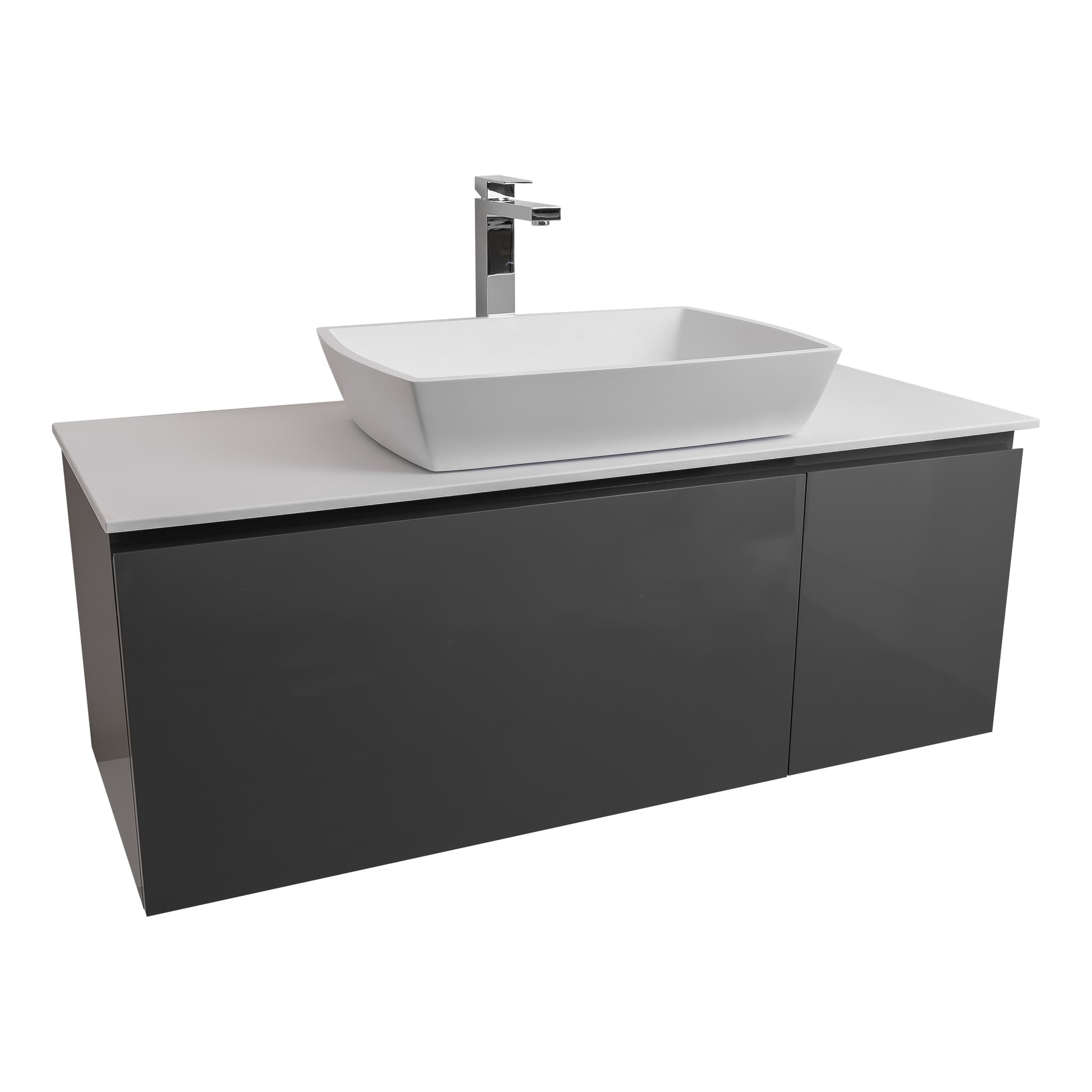 Venice 47.5 Anthracite High Gloss Cabinet, Solid Surface Flat White Counter And Square Solid Surface White Basin 1316, Wall Mounted Modern Vanity Set
