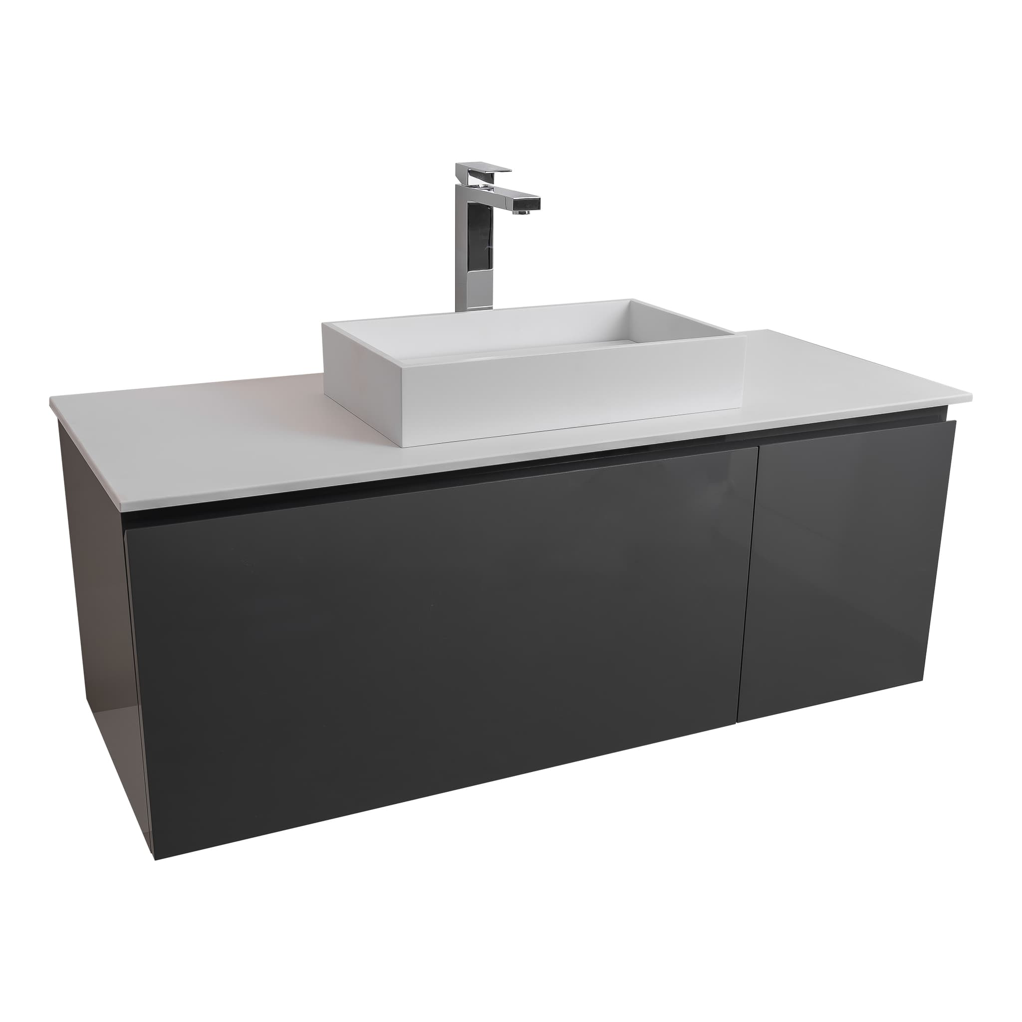 Venice 47.5 Anthracite High Gloss Cabinet, Solid Surface Flat White Counter And Infinity Square Solid Surface White Basin 1329, Wall Mounted Modern Vanity Set