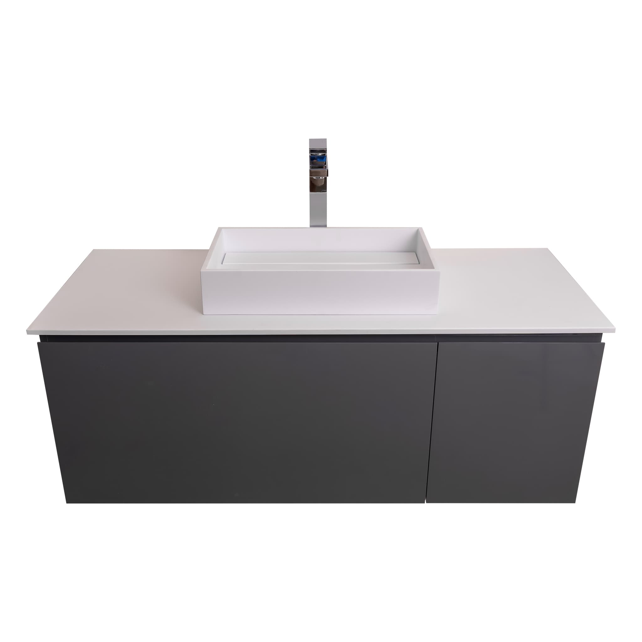 Venice 47.5 Anthracite High Gloss Cabinet, Solid Surface Flat White Counter And Infinity Square Solid Surface White Basin 1329, Wall Mounted Modern Vanity Set