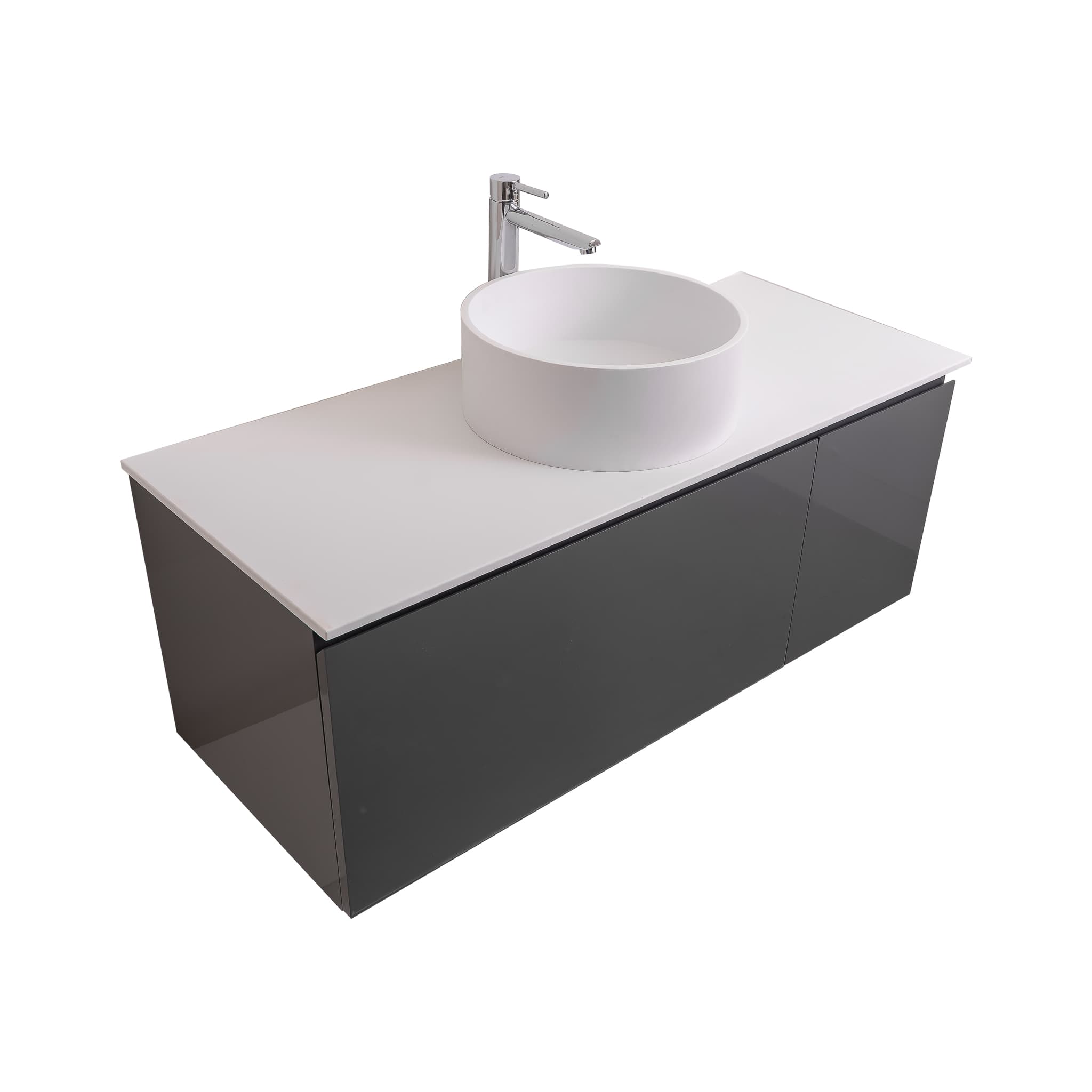 Venice 47.5 Anthracite High Gloss Cabinet, Solid Surface Flat White Counter And Round Solid Surface White Basin 1386, Wall Mounted Modern Vanity Set
