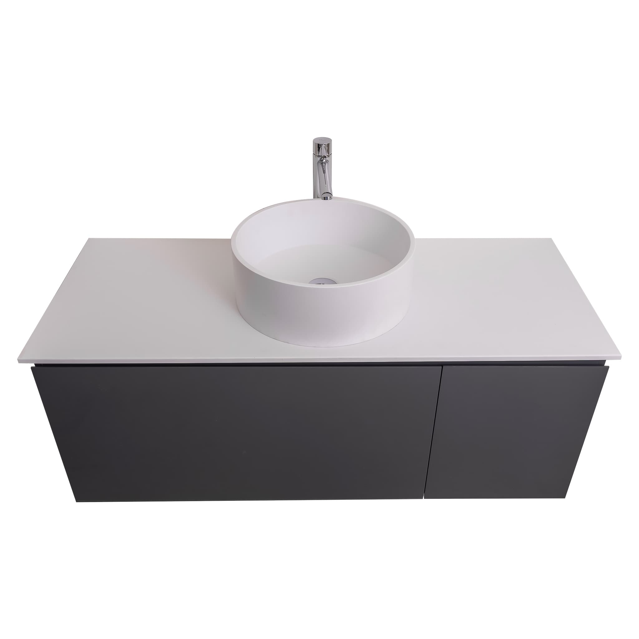 Venice 47.5 Anthracite High Gloss Cabinet, Solid Surface Flat White Counter And Round Solid Surface White Basin 1386, Wall Mounted Modern Vanity Set
